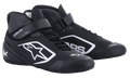 Alpinestars Tech-1 K V2-skor, svarta och vita karting-racingskor, högskaftad design med perforerad mikrofiberventilation, dubbel stängning med snörning och kardborreband, framträdande vit logotyp, högpresterande skor för motorsport