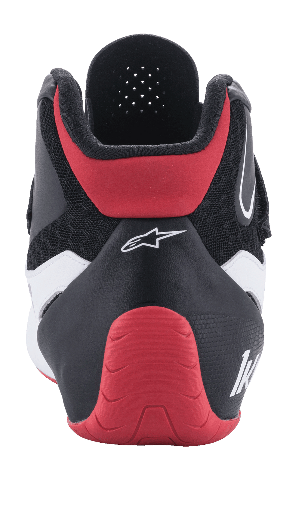 Alpinestars Tech-1 K V2-skor, kartingskor, röd, svart och vit, vy bakifrån, med röd skyddande hälkappa, svart textilöverdel med vita detaljer och vit Alpinestars-logotyp.