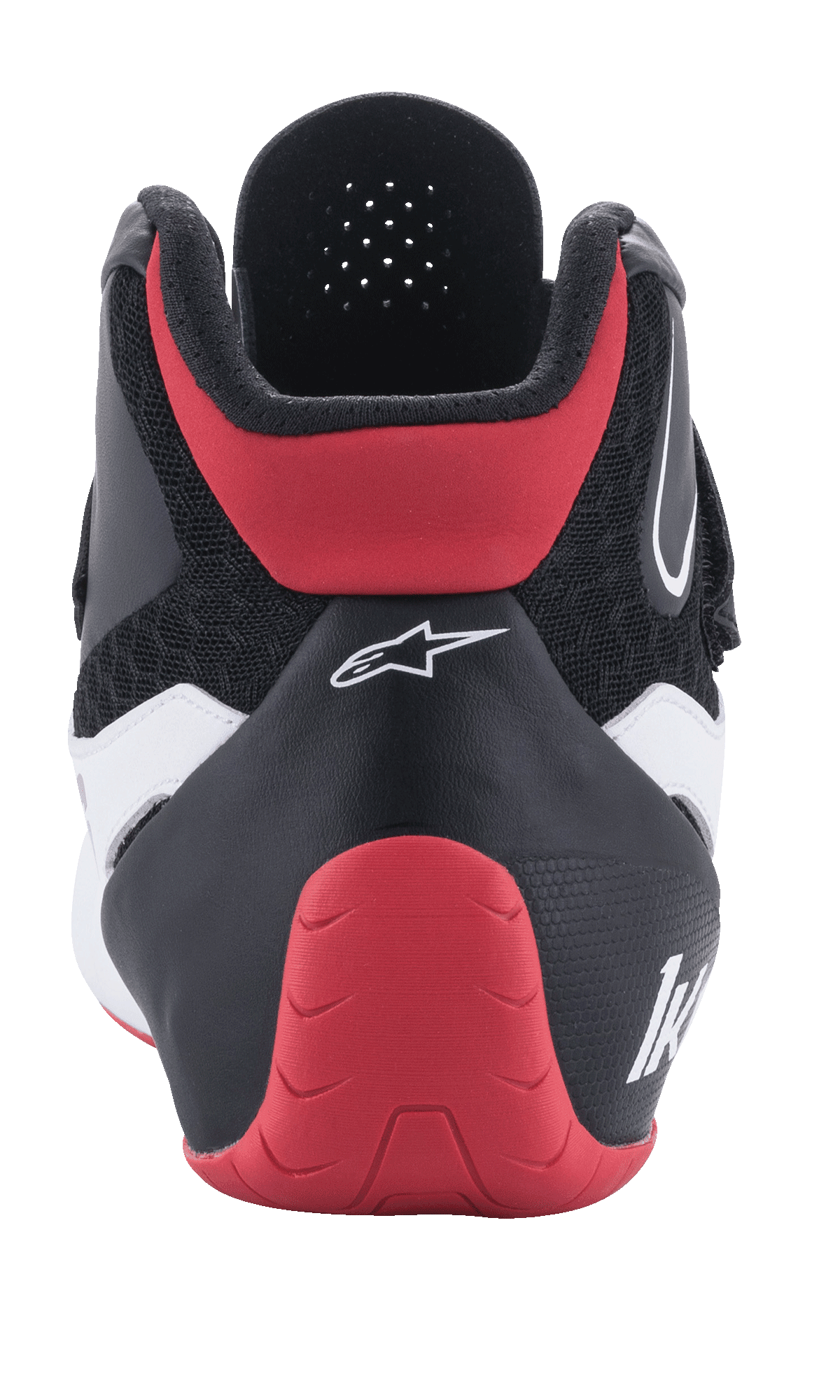 Alpinestars Tech-1 K V2-skor, kartingskor, röd, svart och vit, vy bakifrån, med röd skyddande hälkappa, svart textilöverdel med vita detaljer och vit Alpinestars-logotyp.
