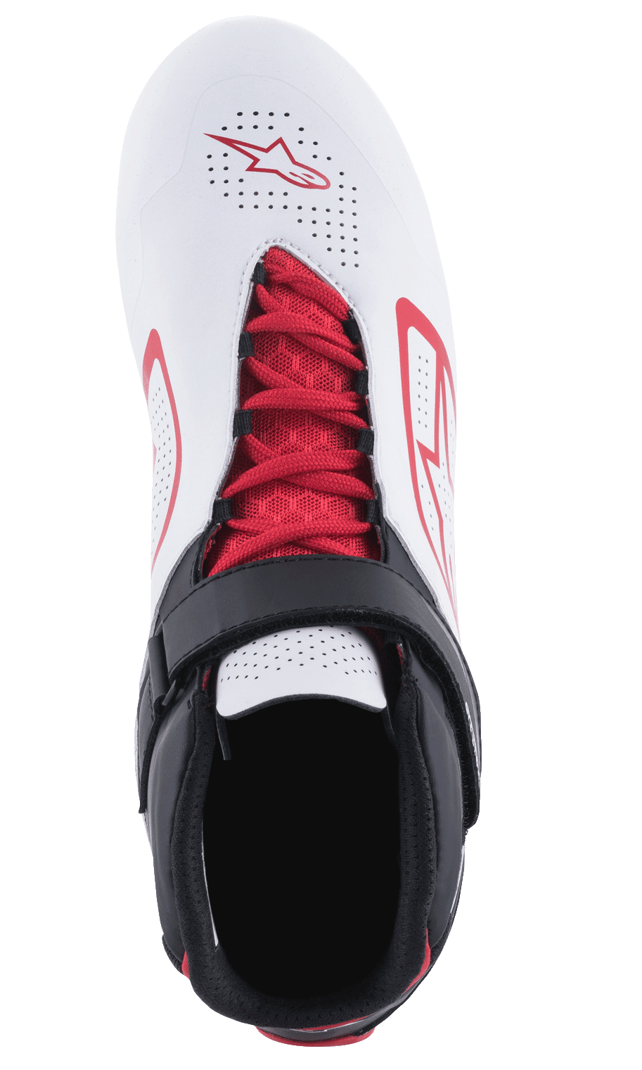 Alpinestars Tech-1 K V2-skor, kartingskor, vit, svart och röd, vy ovanifrån med röda skosnören och ett svart kardborreband, perforerad vit ovandel med röda Alpinestars-logotyper, designade för andningsförmåga och stöd