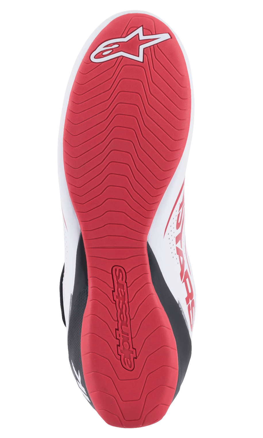 Alpinestars Tech-1 K V2-skor, kartingskor, vit, svart och röd, detaljerad vy underifrån av den röda texturerade gummisulan med Alpinestars-logotyp och präglat varumärke, designad för maximalt grepp och taktil känsla
