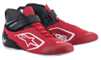 Alpinestars Tech-1 K V2 kartingskor, röda, svarta och vita, halvhöga racingskor med röda skosnören och svart kardborreband vid vristen, ovandel i perforerad mikrofiber med vita Alpinestars-logotyper, ergonomisk design för professionell karting