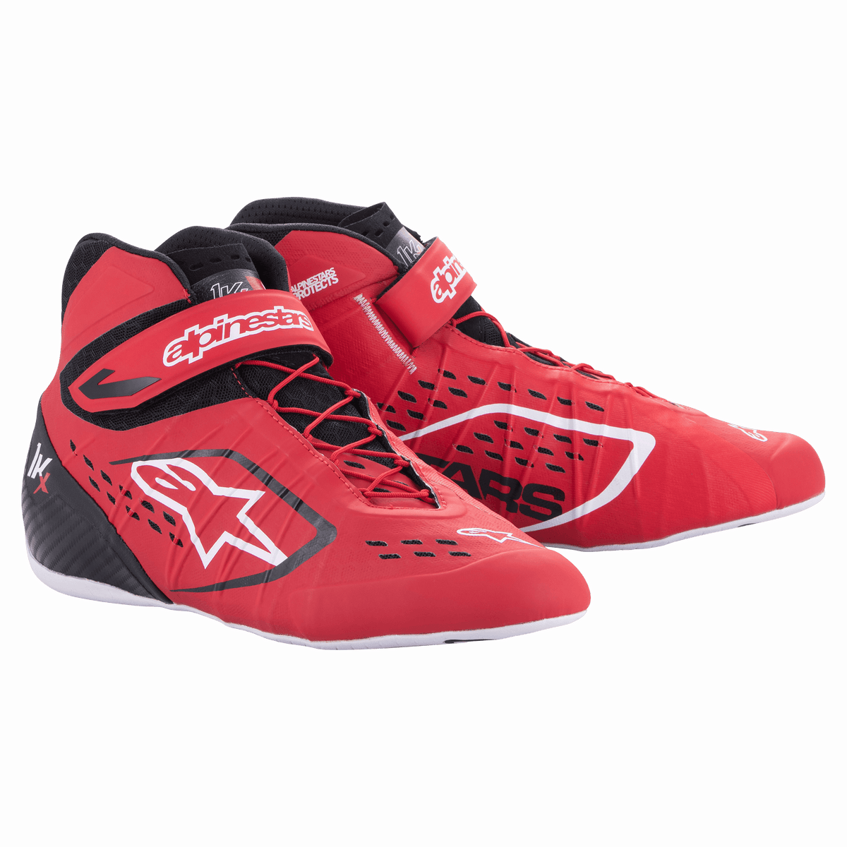 Alpinestars Tech-1 KX V2-skor, racingskor för karting, röda, svarta och vita, hög design med kardborreband, vit sula, ventilerande perforerad konstruktion, professionella motorsportskor