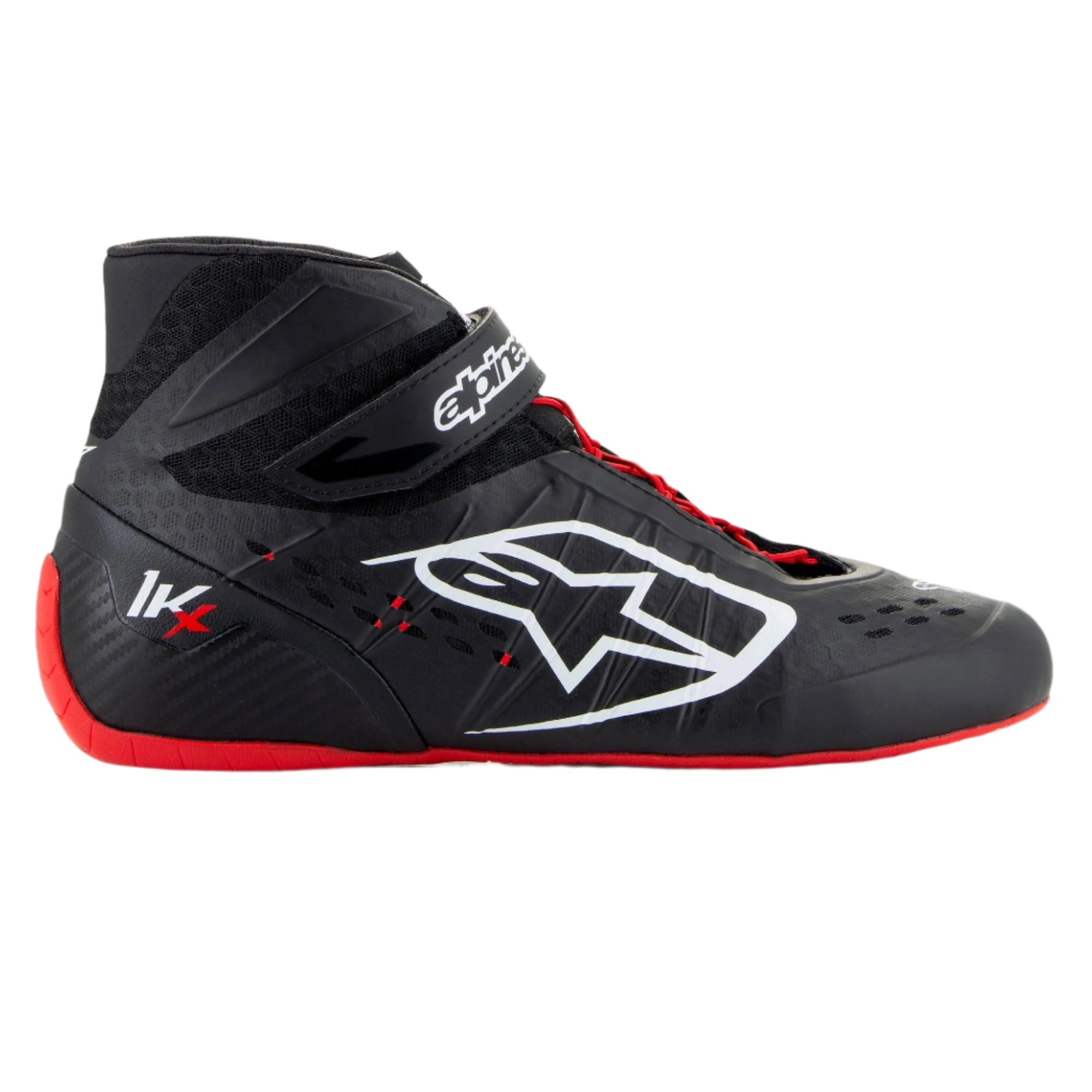 Alpinestars Tech-1 KX V3 Shoes, Karting Racing Shoes, Black White and Red, side profile featuring seamless thermo-welded construction, large white side logo, high-top design with Velcro strap, and thin red rubber sole