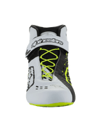 Alpinestars Tech-1 KX V3 Shoes - FIA, Karting Footwear, Black White and Yellow Fluo, front view featuring fluorescent yellow laces, white ankle strap with black branding, asymmetric color-blocked design, and laser-cut ventilation details