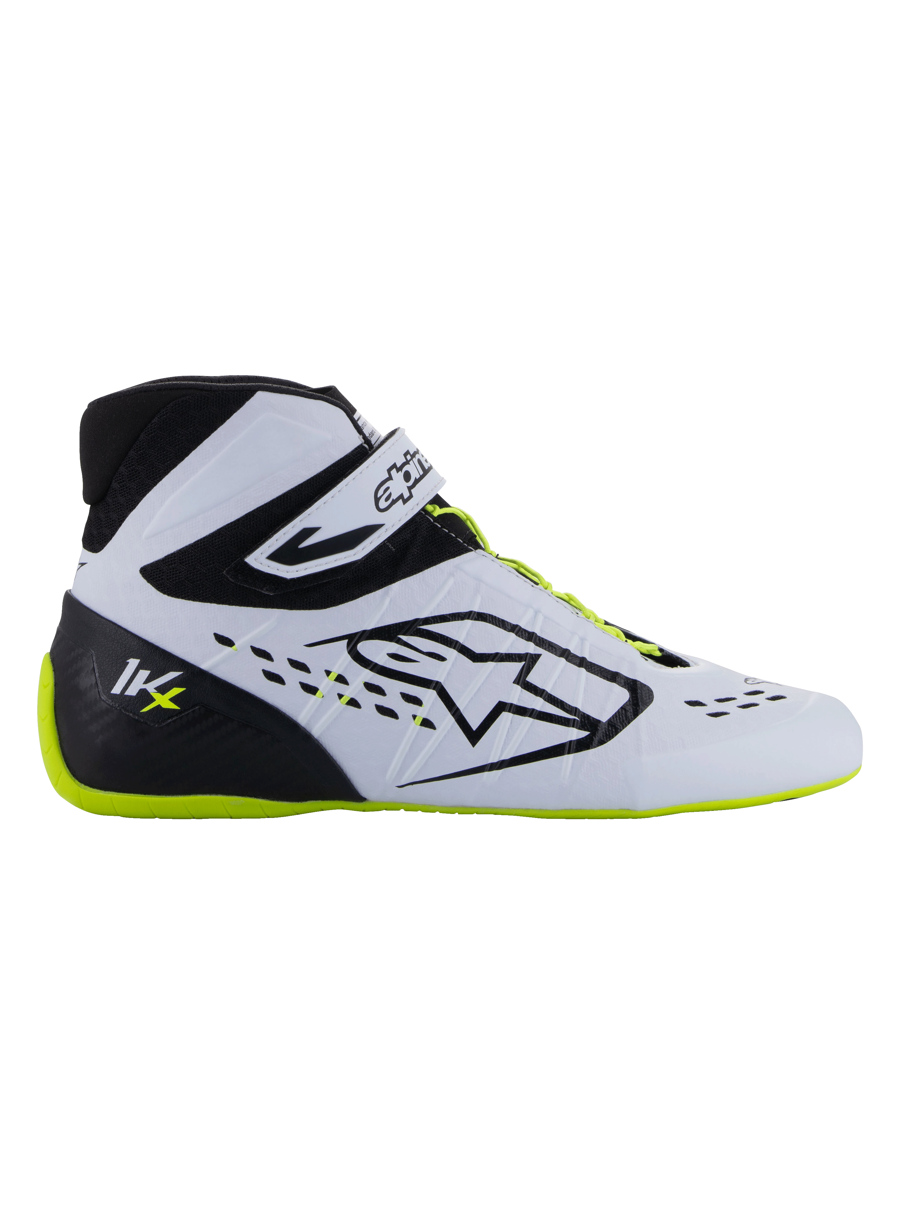 Alpinestars Tech-1 KX V3 Shoes - FIA, Karting Shoes, Black White and Yellow Fluo, sleek side profile with white thermo-welded upper, black heel counter with KX logo, fluorescent yellow sole and laces, professional motorsport design for karting