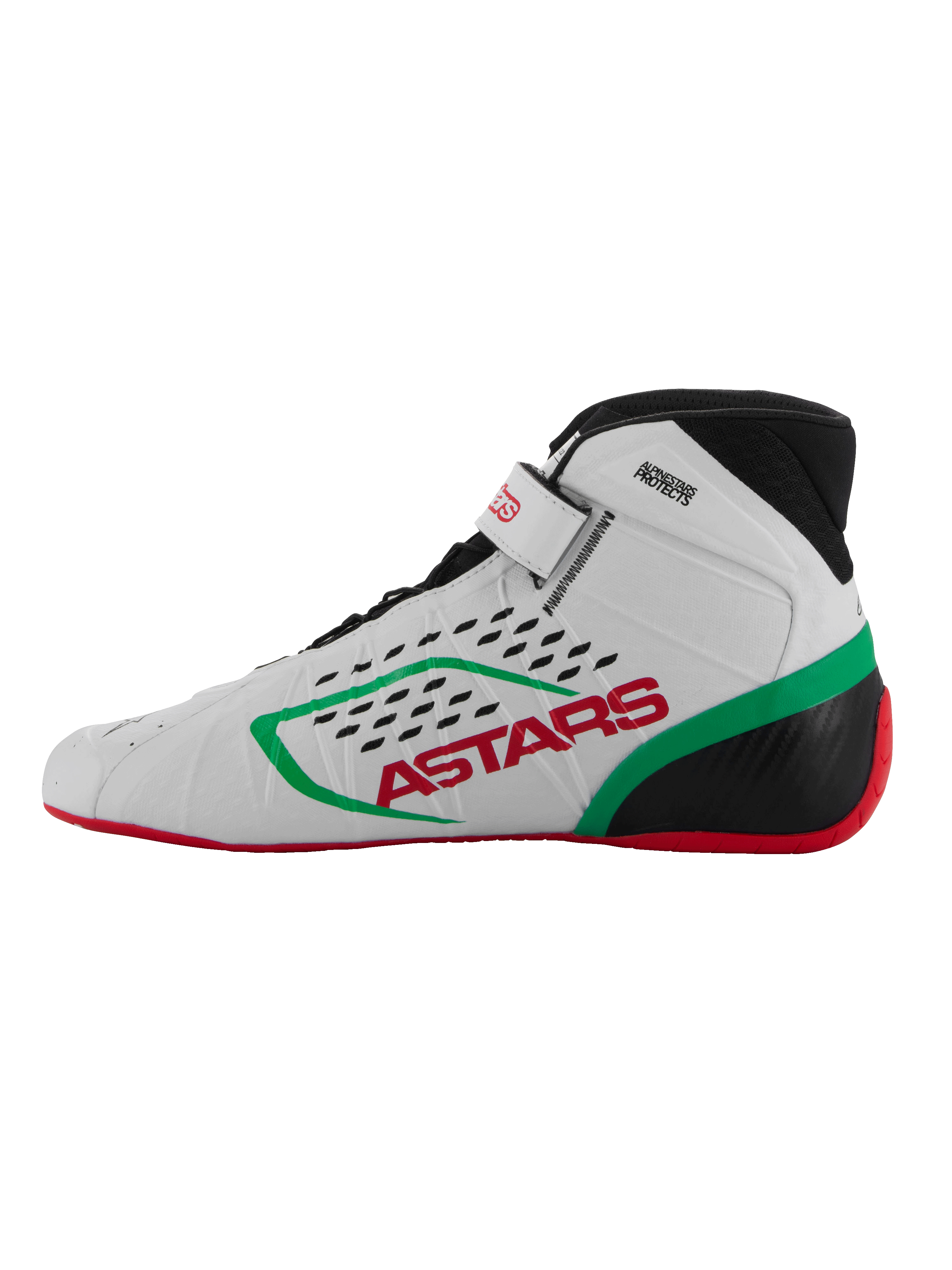 Alpinestars Tech-1 KX V3 Shoes, Karting Footwear, White Green and Red, side profile view, features red ASTARS branding and green stripe, black collar with laser-cut perforations, thin red sole for pedal sensitivity