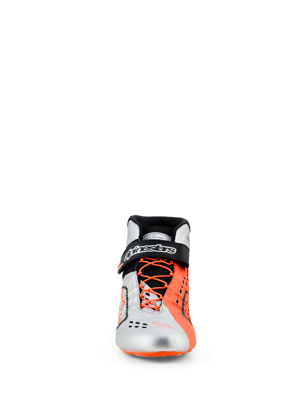 Alpinestars Tech-1 KX V3-skor, kartingskor, svart, silver och orange fluo, vy framifrån, ovandel i silver och fluorescerande orange, asymmetrisk orange snörning, svart vristrem med vit logotyp, eleganta FIA-certifierade racingskor