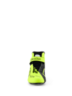 Alpinestars Tech-1 KX V3 Shoes, Karting Shoes, Black and Yellow Fluo, front view showing the asymmetric lacing system and adjustable ankle strap with Alpinestars logo, sleek lightweight design for FIA-certified racing performance