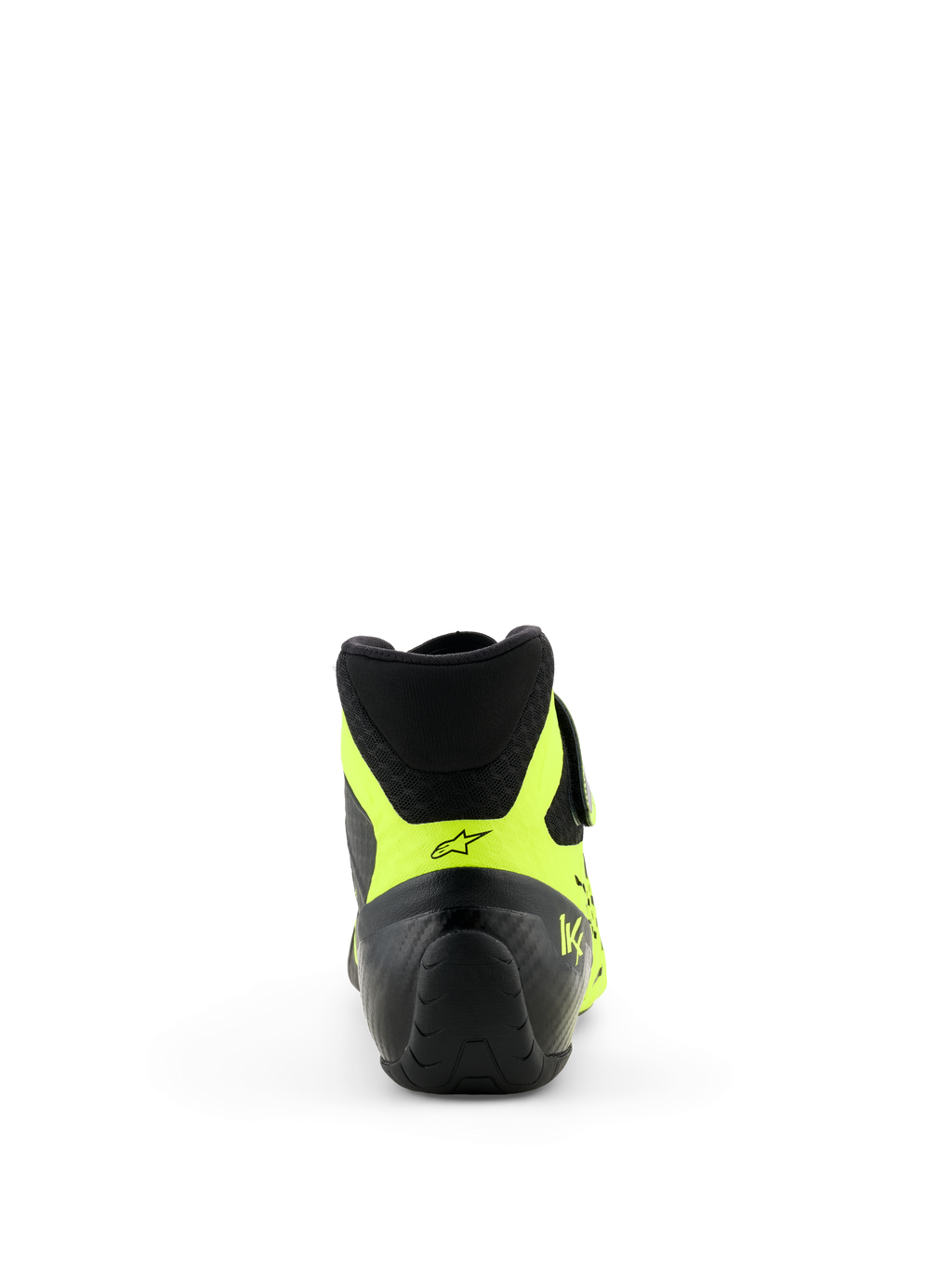 Alpinestars Tech-1 KX V3 Shoes - FIA, Black and Yellow Fluo, Rear view focusing on the heel, neon yellow accents with black star logo and KX branding, professional karting footwear