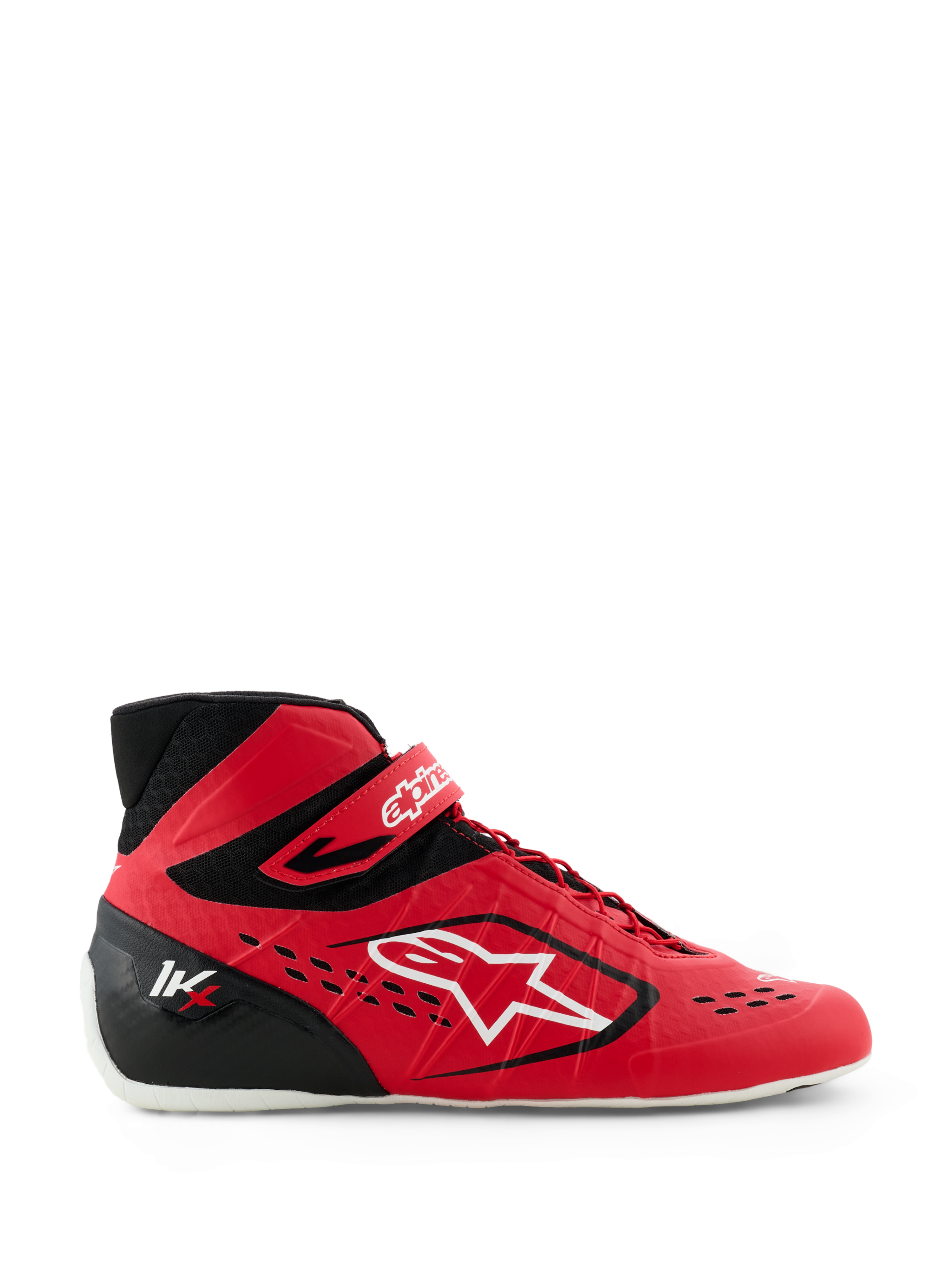 Alpinestars Tech-1 KX V3 Karting Shoes, Red and Black, side profile view with large white Alpinestars logo, asymmetric lacing system, velcro ankle strap, and lightweight seamless design for motorsport performance
