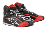 Alpinestars Youth Tech-1 K Shoes, Karting Shoes, Black White and Red, featuring a lightweight microfiber upper with red accents, white laces, and secure hook-and-loop ankle strap, designed for youth kart racing