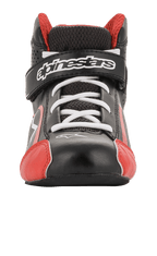 Alpinestars Youth Tech-1 K Shoes, Karting Shoes, Black White and Red, front view featuring white laces and branded hook-and-loop strap, red toe accents, lightweight microfiber and mesh construction