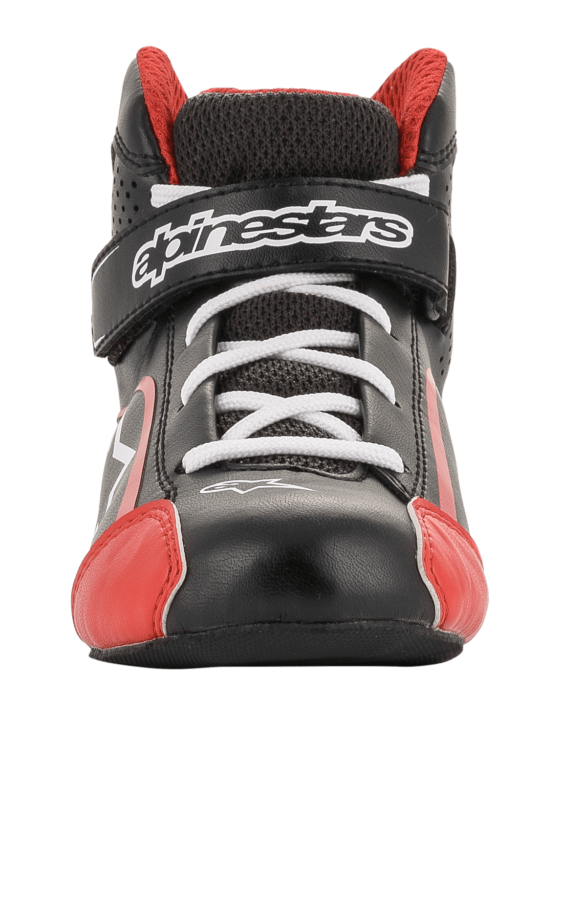 Alpinestars Youth Tech-1 K Shoes, Karting Shoes, Black White and Red, front view featuring white laces and branded hook-and-loop strap, red toe accents, lightweight microfiber and mesh construction