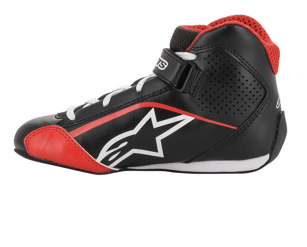 Alpinestars Youth Tech-1 K Shoes, Karting Footwear, Black White and Red, side profile featuring white star logo, red mesh collar, white laces and ankle strap, lightweight microfiber and mesh design for racing