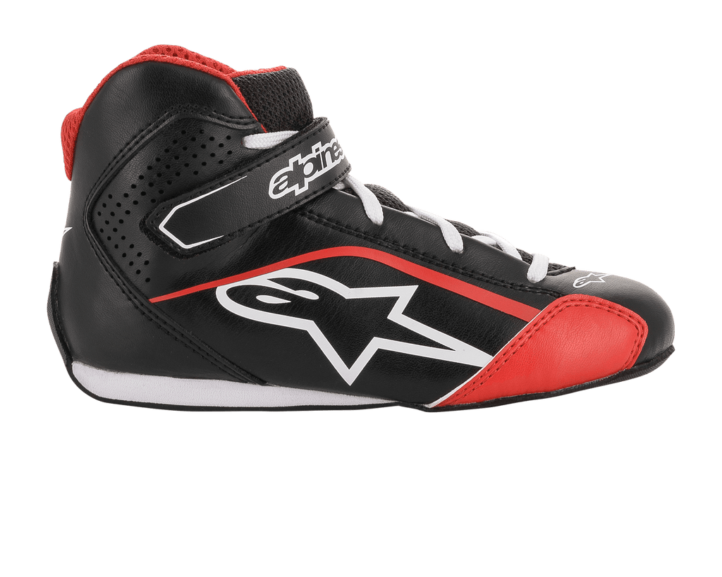Alpinestars Youth Tech-1 K Shoes, Karting Shoes, Black White and Red, side profile featuring microfiber construction, white Alpinestars logo, hook-and-loop ankle strap, and perforated side panels for ventilation.