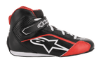 Alpinestars Youth Tech-1 K Shoes, Karting Shoes, Black White and Red, side profile featuring microfiber construction, white Alpinestars logo, hook-and-loop ankle strap, and perforated side panels for ventilation.