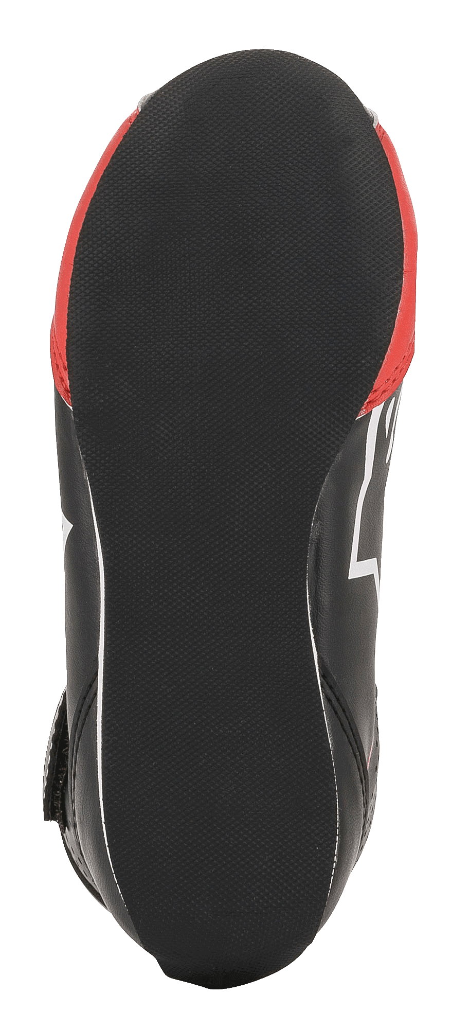Alpinestars Youth Tech-1 K Shoes, Karting Shoes, Black White and Red, bottom view showcasing the textured black rubber sole with a rounded heel for pedal sensitivity and red side accents.