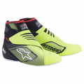 Alpinestars Tech-1 KZ V2 Shoes, Karting Racing Shoes, Black and Yellow Fluo, featuring a seamless knitted upper, dual hook-and-loop strap closure, white Alpinestars star logo, black 3D print graphics, high ankle collar with red accents, thin white sole, specialized motorsport footwear