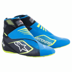 Alpinestars Tech-1 KZ V2 kartingskor, blå, svarta och neon-gula, med sömlös stickad ovandel, dubbel vristremstängning, stor vit stjärnlogotyp på sidan, elegant lättviktig design för motorsport
