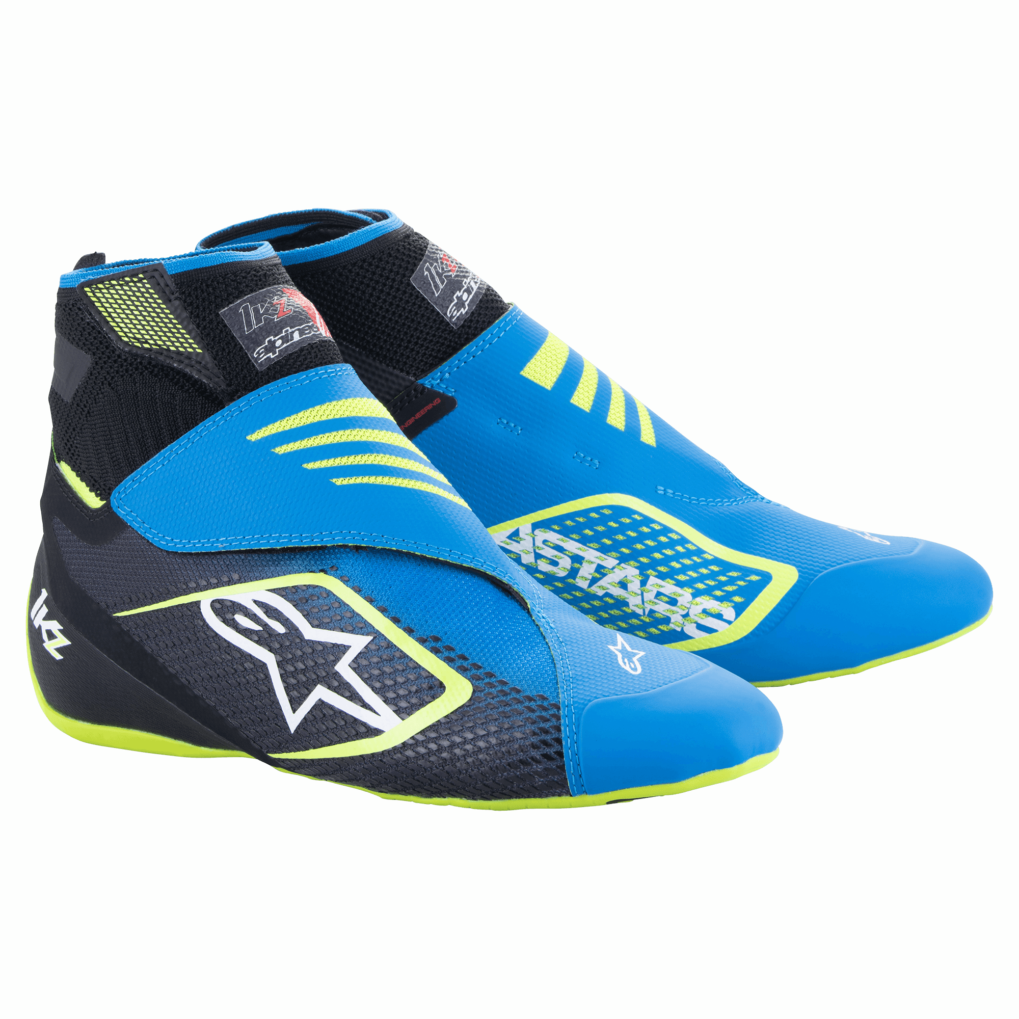 Alpinestars Tech-1 KZ V2 kartingskor, blå, svarta och neon-gula, med sömlös stickad ovandel, dubbel vristremstängning, stor vit stjärnlogotyp på sidan, elegant lättviktig design för motorsport
