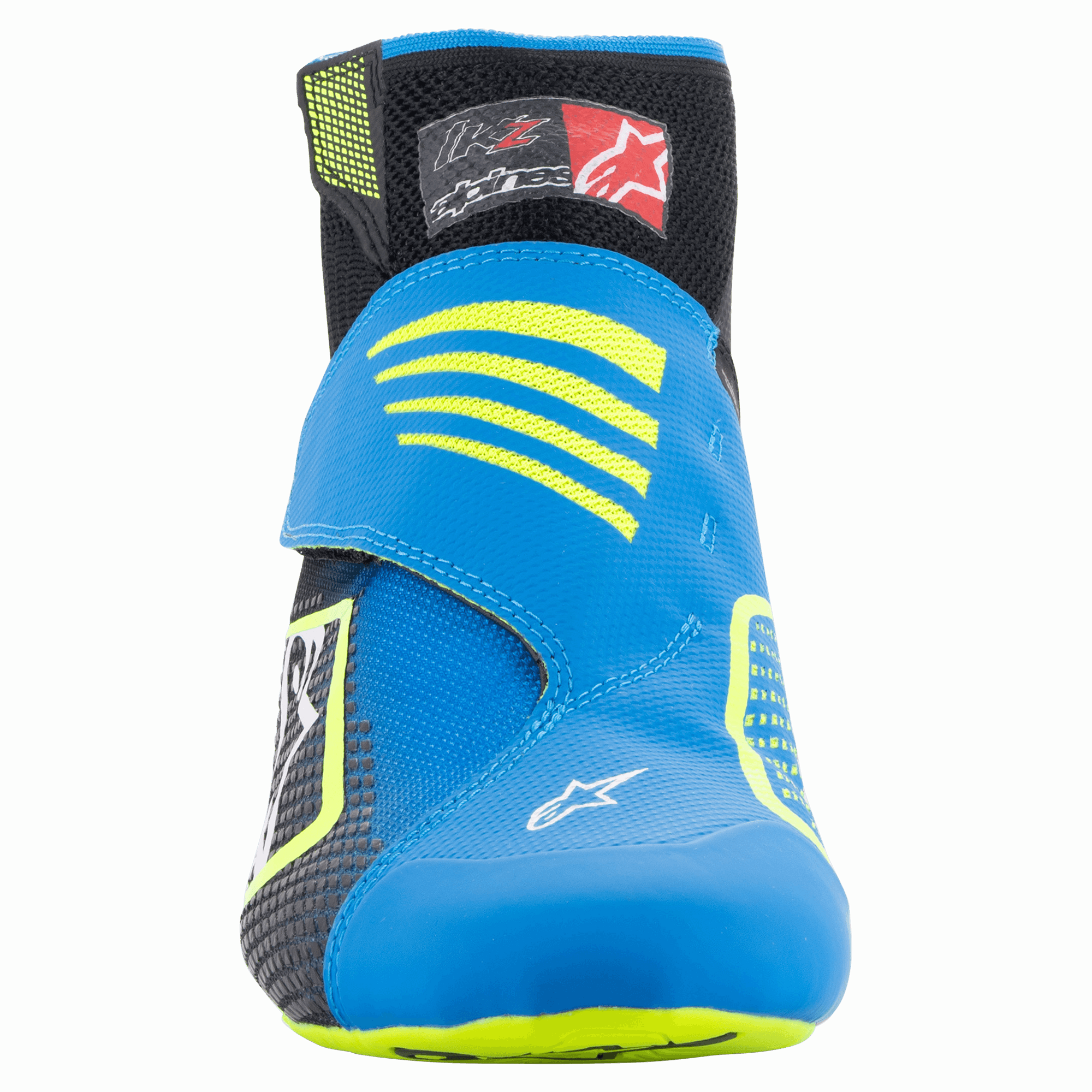Alpinestars Tech-1 KZ V2-skor, kartingskor, svart, emaljblå och fluogul, vy framifrån som visar den sömlösa stickade ovandelen, klarblå rem med gula detaljer och svart ankelkrage.