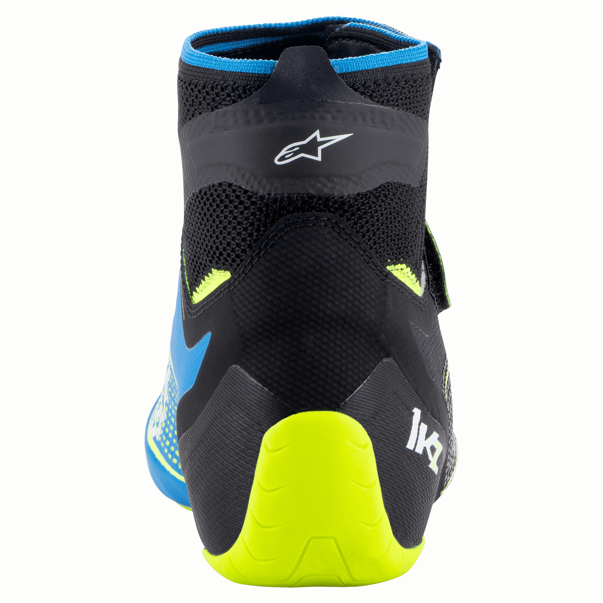 Alpinestars Tech-1 KZ V2-skor, kartingskor, Black Enamel Blue och Yellow Fluo, vy bakifrån som visar den stickade ovandelen, Alpinestars-logotyp och neongult hälstöd