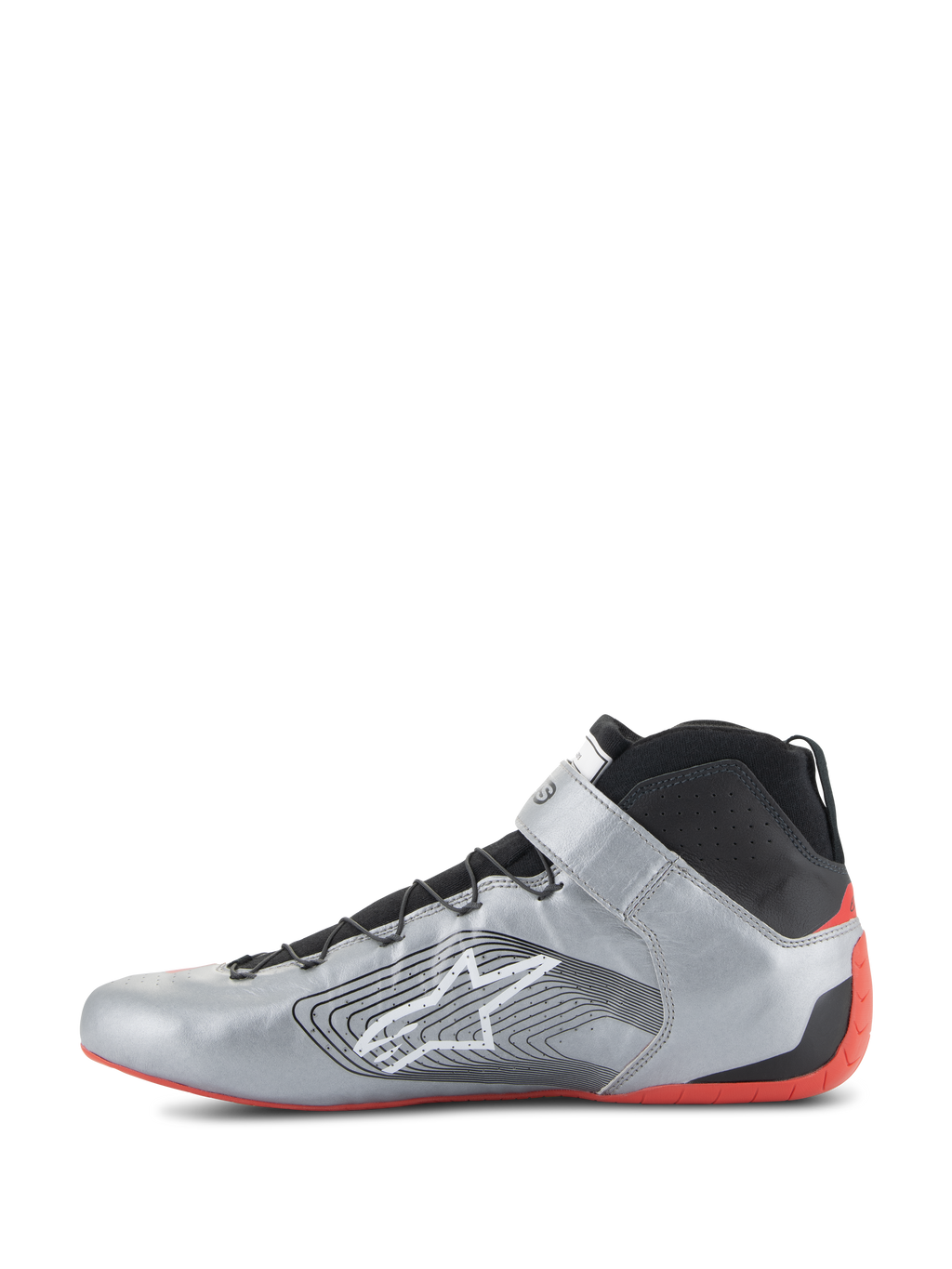 Alpinestars Tech-1 Z V3-skor FIA, racingskor, mörksilver, svart och röd, sidoprofil av en professionell körsko, ovandel i metalliskt silverfärgat läder med svart stickad krage, vit Alpinestars-logotyp och tunn röd gummisula