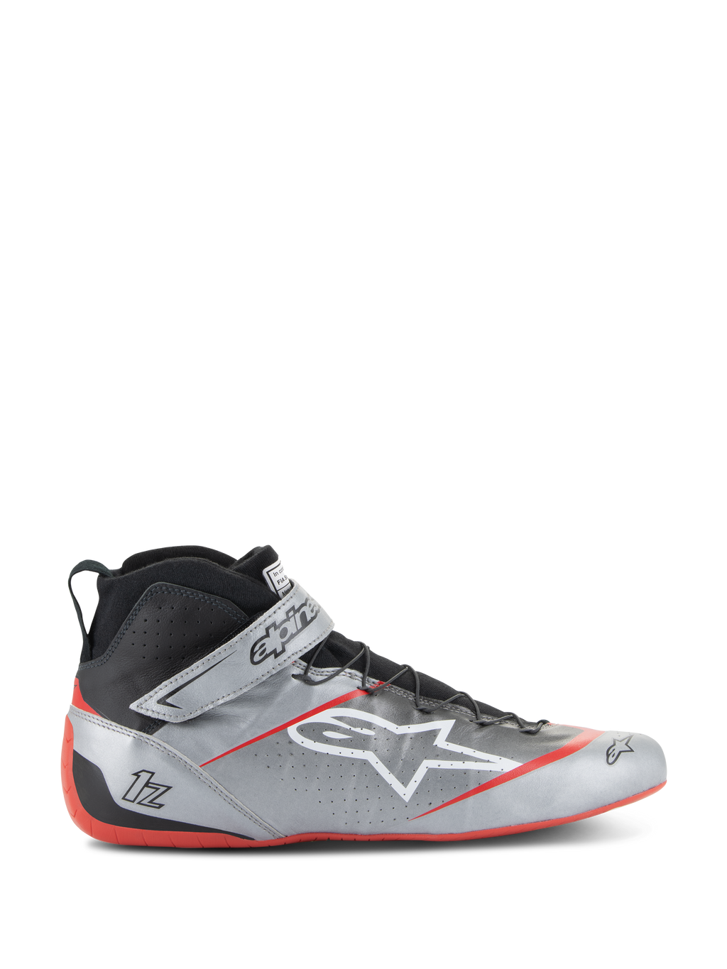 Alpinestars Tech-1 Z V3 FIA racingskor, mörksilver med svarta och röda detaljer, hög modell med vit stjärnlogotyp, röd sula, perforerat läder för ventilation och kardborreband