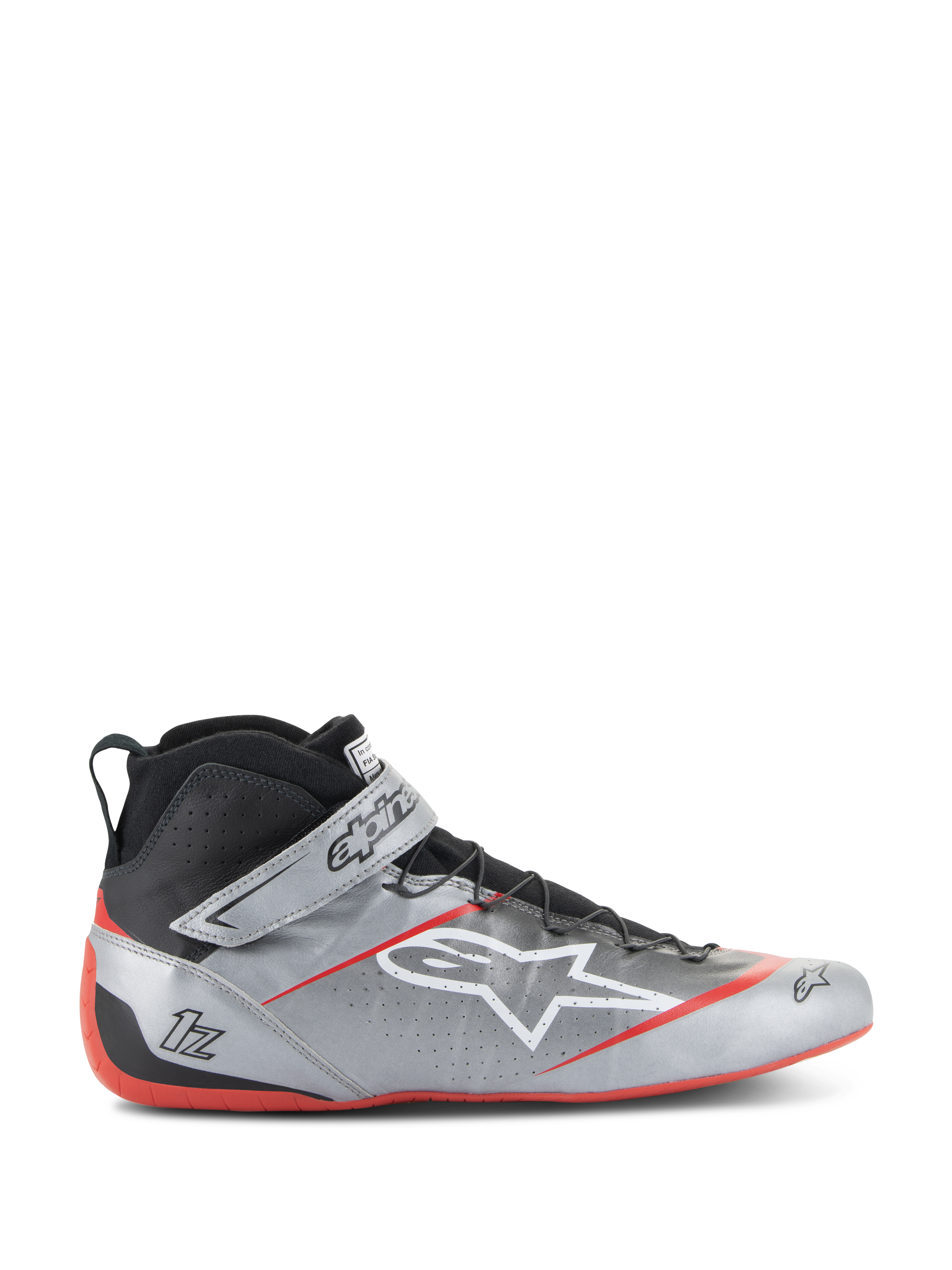 Alpinestars Tech-1 Z V3 FIA racingskor, mörksilver med svarta och röda detaljer, hög modell med vit stjärnlogotyp, röd sula, perforerat läder för ventilation och kardborreband