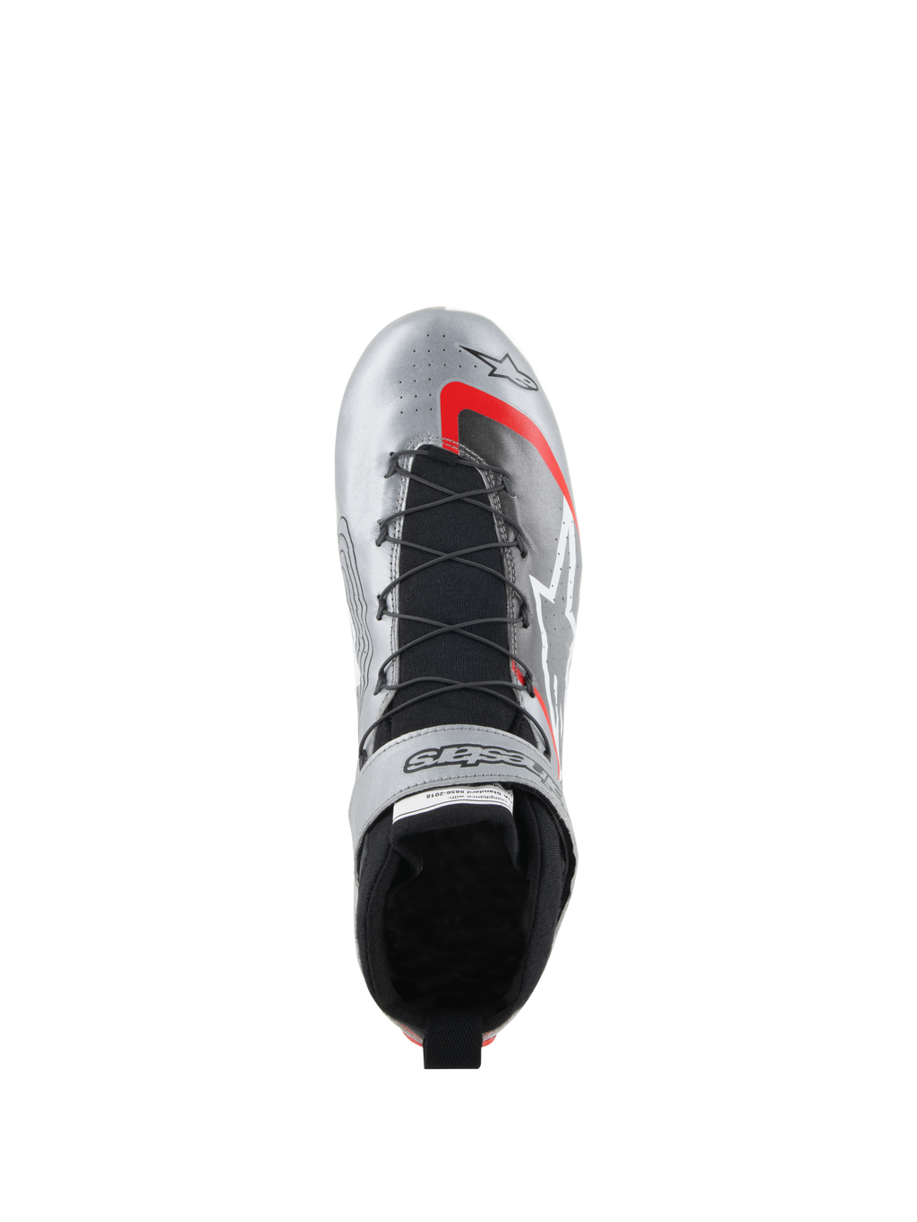 Alpinestars Tech-1 Z V3-skor FIA, racingskor, mörkt silver med svarta och röda detaljer, vy uppifrån som visar snabbsnörningssystemet, svart stickad plös och metallisk läderfinish med tydlig logotyp.