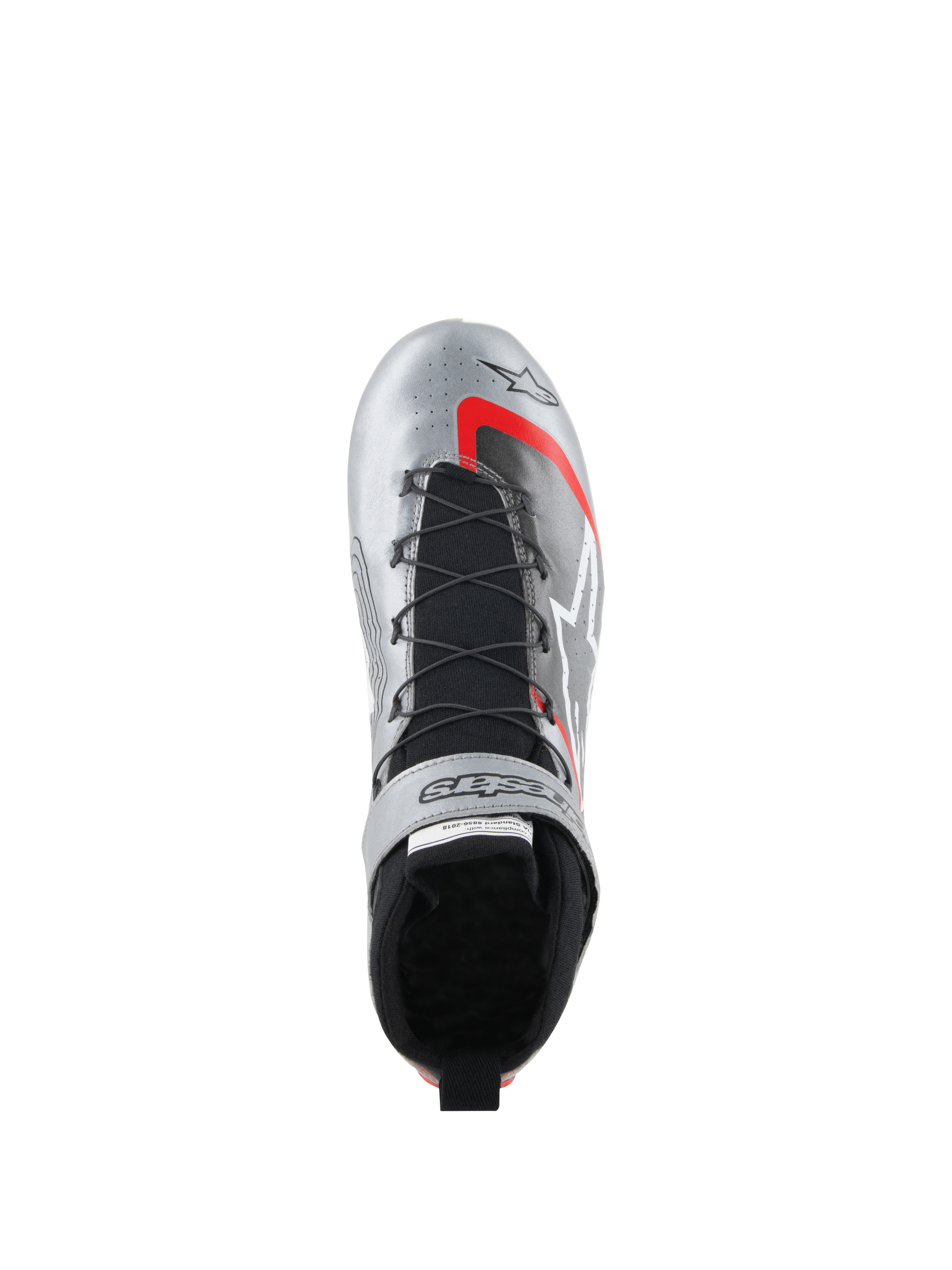 Alpinestars Tech-1 Z V3-skor FIA, racingskor, mörkt silver med svarta och röda detaljer, vy uppifrån som visar snabbsnörningssystemet, svart stickad plös och metallisk läderfinish med tydlig logotyp.