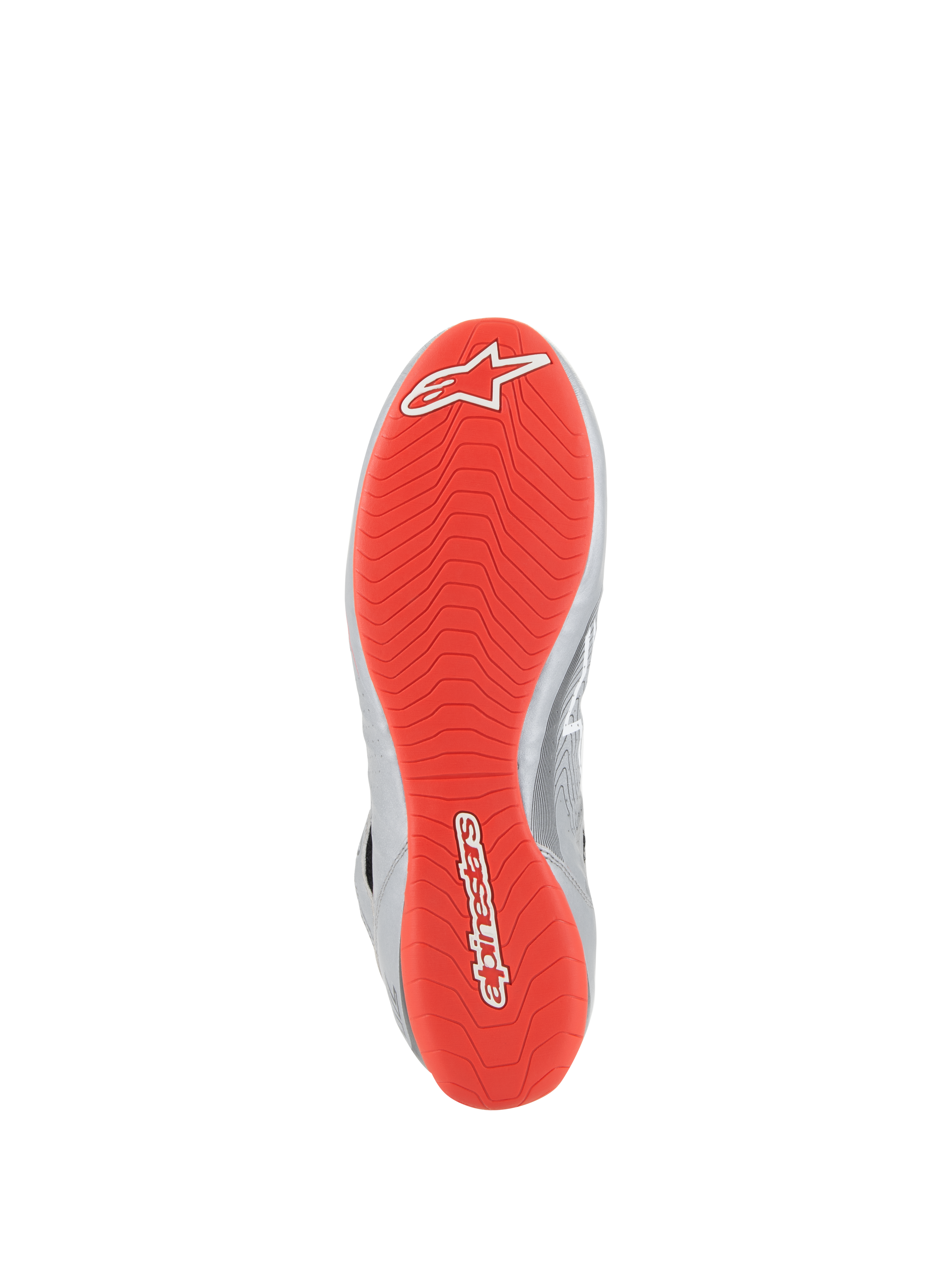 Alpinestars Tech-1 Z V3-skor FIA, racingskor, mörksilver, svart och röd, vy underifrån som visar den klarröda gummiyttersulan med vita Alpinestars-logotyper, texturerat asymmetriskt mönster för grepp, silverfärgade läderdetaljer på sidan