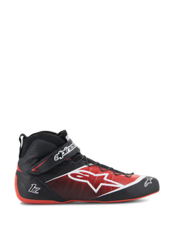 Alpinestars Tech-1 Z V3 Shoes FIA, Auto Racing Shoes, Black and Red, high-top design with white star logo, glossy finish with textured perforations, red curved sole, FIA certified, ankle strap with branding, streamlined motorsport footwear