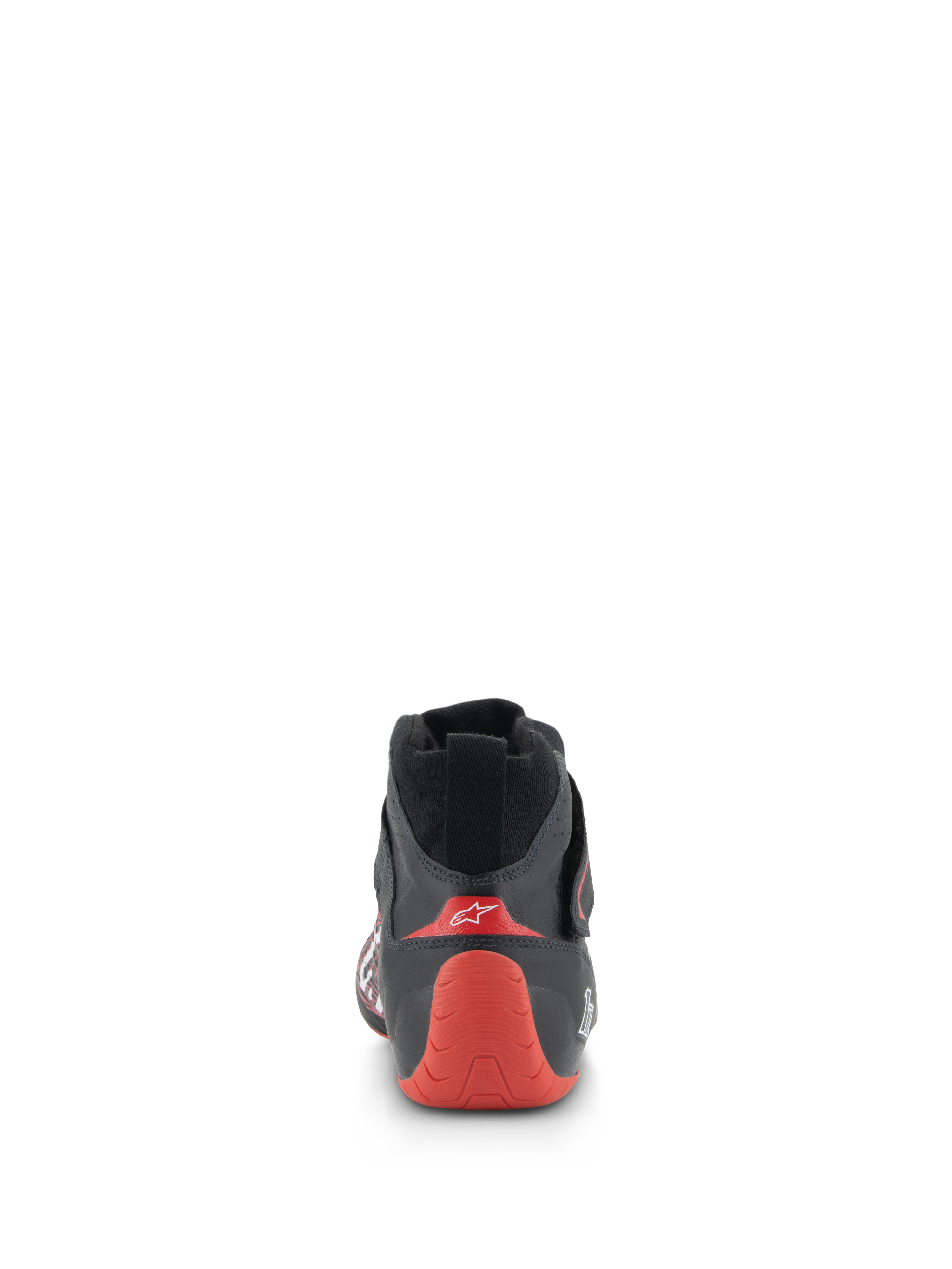 Alpinestars Tech-1 Z V3 Shoes FIA, Auto Racing Shoes, Black and Red, rear view highlighting the red thermo-formed heel cup with white logo, black leather construction, professional motorsport footwear