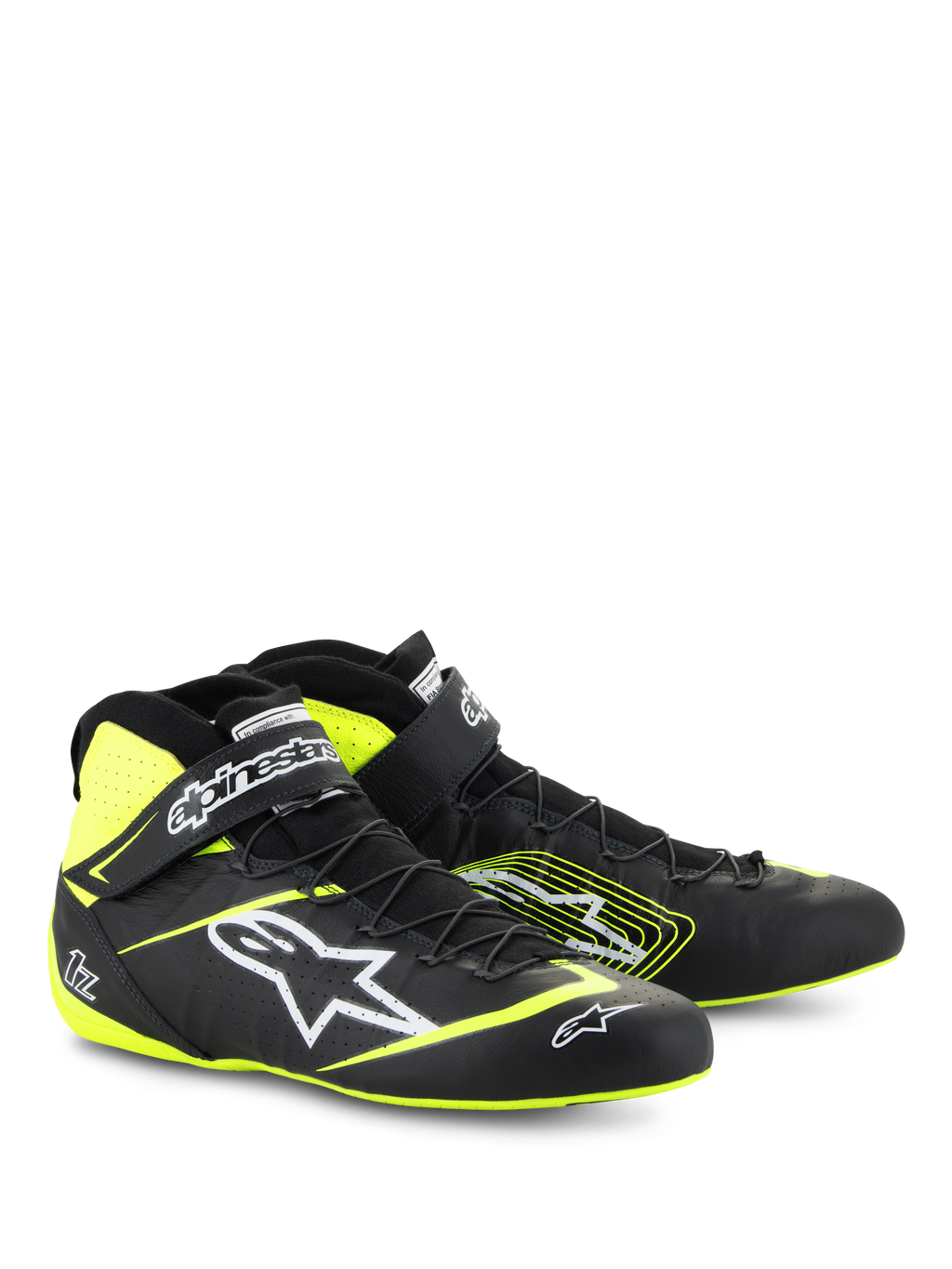 Alpinestars Tech-1 Z V3-skor FIA, racingskor för bilsport, svarta och neongula, med vit Astars-logotyp, snabbsnörningssystem och ankelrem, hög läderdesign för professionell motorsport