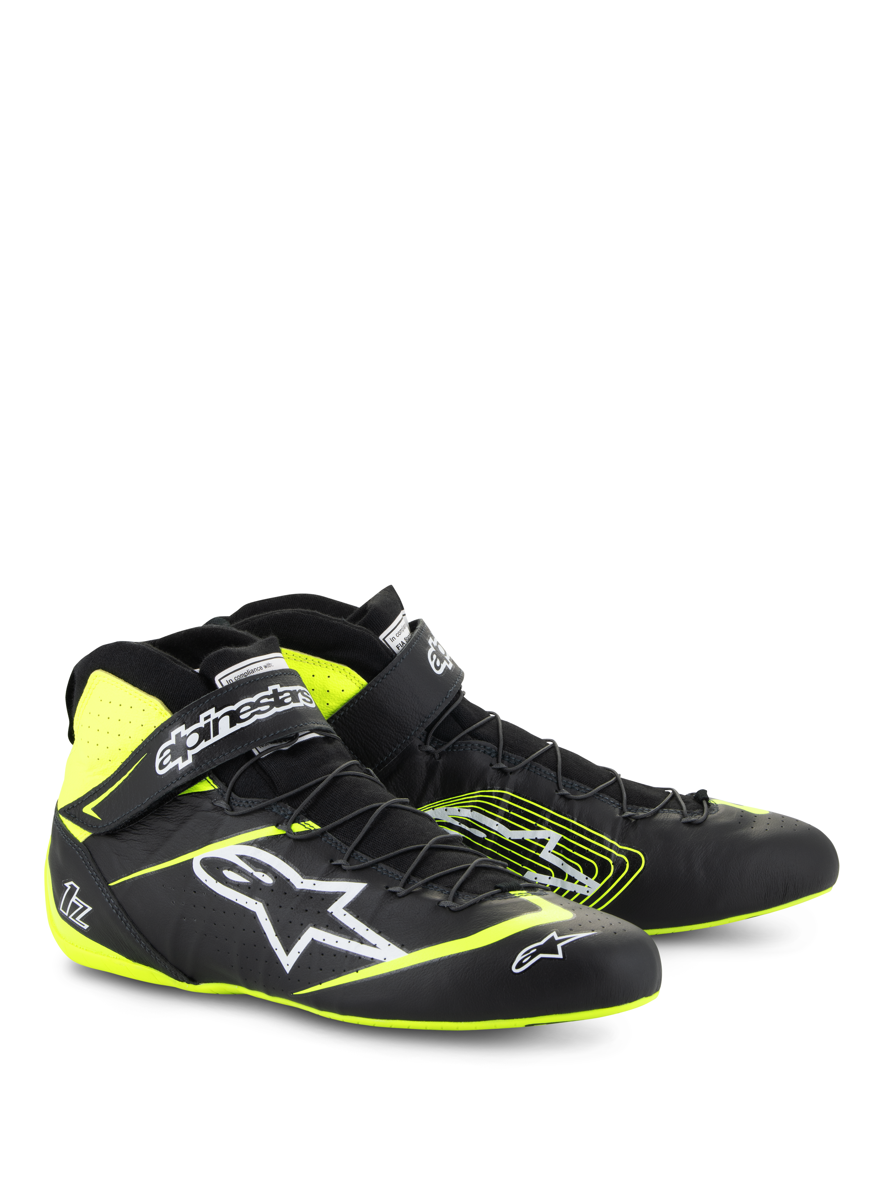 Alpinestars Tech-1 Z V3-skor FIA, racingskor för bilsport, svarta och neongula, med vit Astars-logotyp, snabbsnörningssystem och ankelrem, hög läderdesign för professionell motorsport