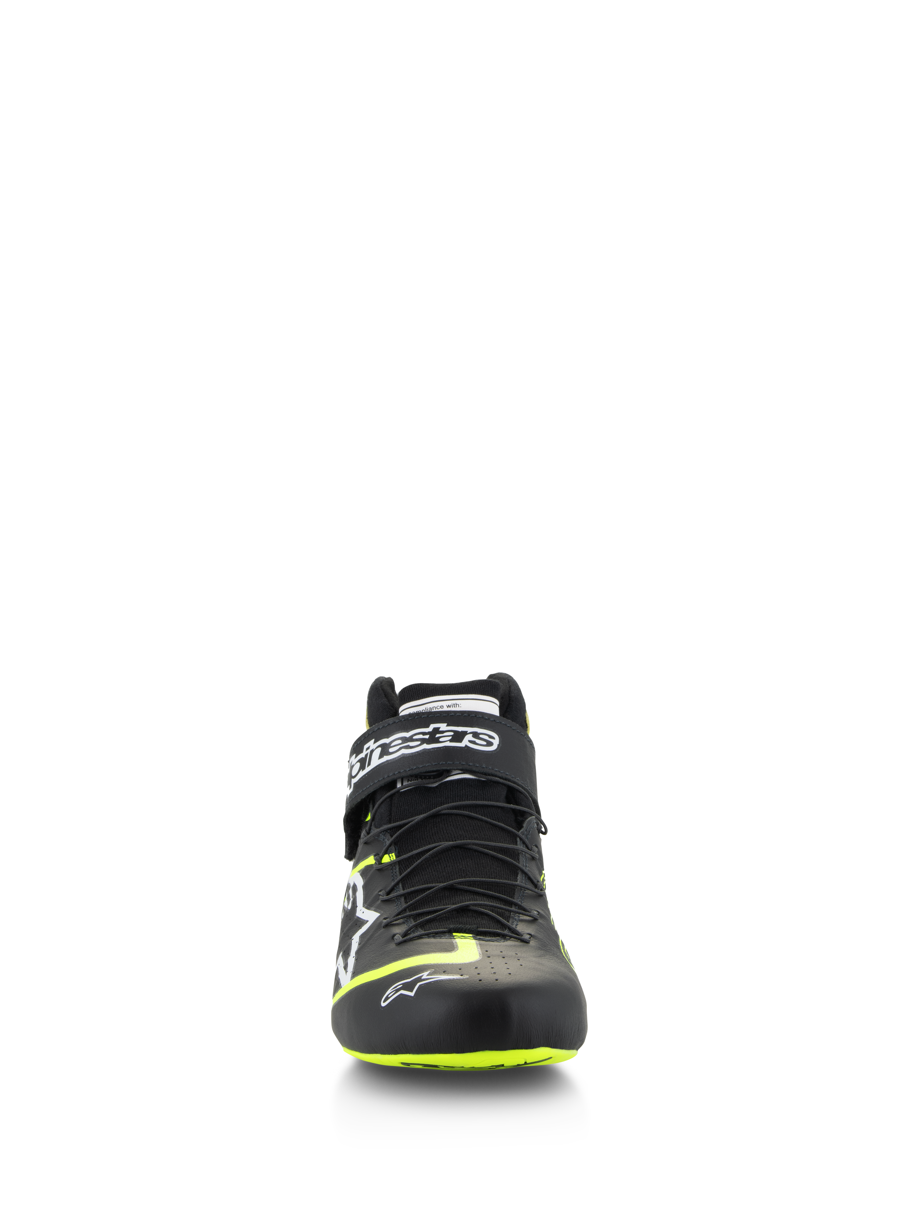 Alpinestars Tech-1 Z V3 Skor FIA, bilracing-skor, svart och gul fluo, vy framifrån, med dubbelt snabbsnörningssystem och vristrem med logotyp, gul fluo-detaljer på tån och sulan, premium läderkonstruktion