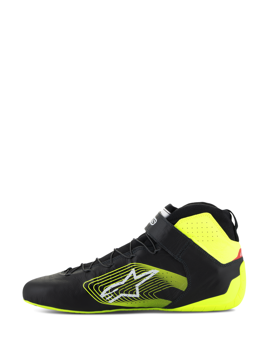 Alpinestars Tech-1 Z V3-skor FIA, racingskor för bilsport, svart och neongul, sidoprofil, ovandel i premiumläder med snabbsnörning och ankelrem, framträdande gul grafisk logotyp på sidan, fluorescerande gula detaljer på häl och krage