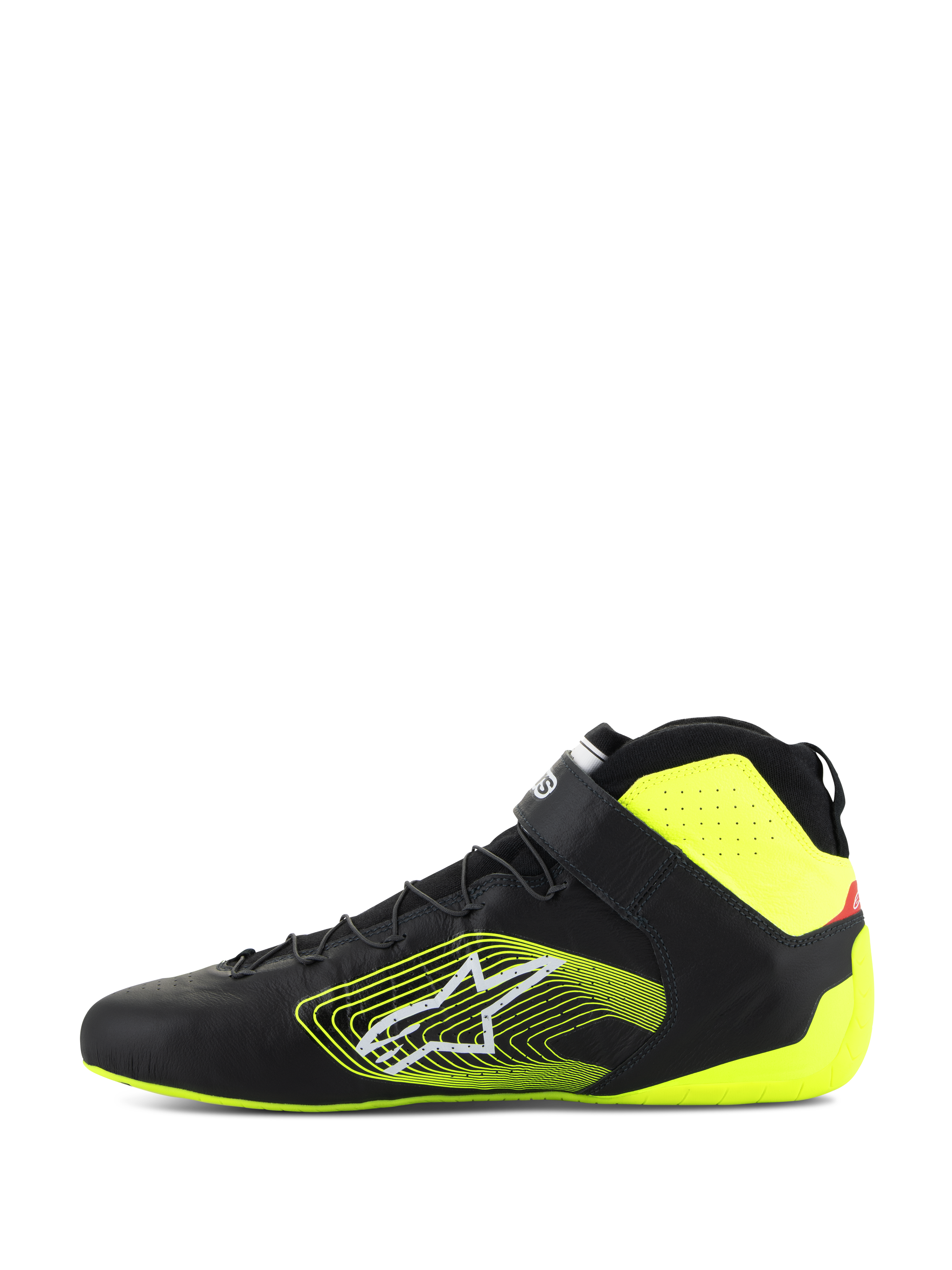 Alpinestars Tech-1 Z V3-skor FIA, racingskor för bilsport, svart och neongul, sidoprofil, ovandel i premiumläder med snabbsnörning och ankelrem, framträdande gul grafisk logotyp på sidan, fluorescerande gula detaljer på häl och krage