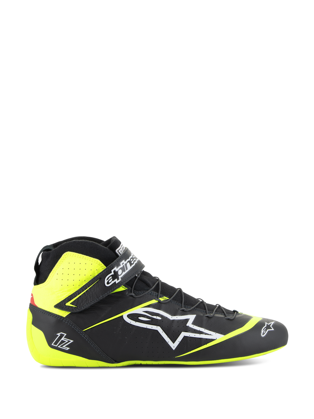 Alpinestars Tech-1 Z V3-skor FIA, racingskor för motorsport, svarta och neongula, sidoprofil av högskaftade motorsportskor, vit stjärnlogotyp, perforerad design för andningsförmåga, justerbar vristrem, tunn gummisula.