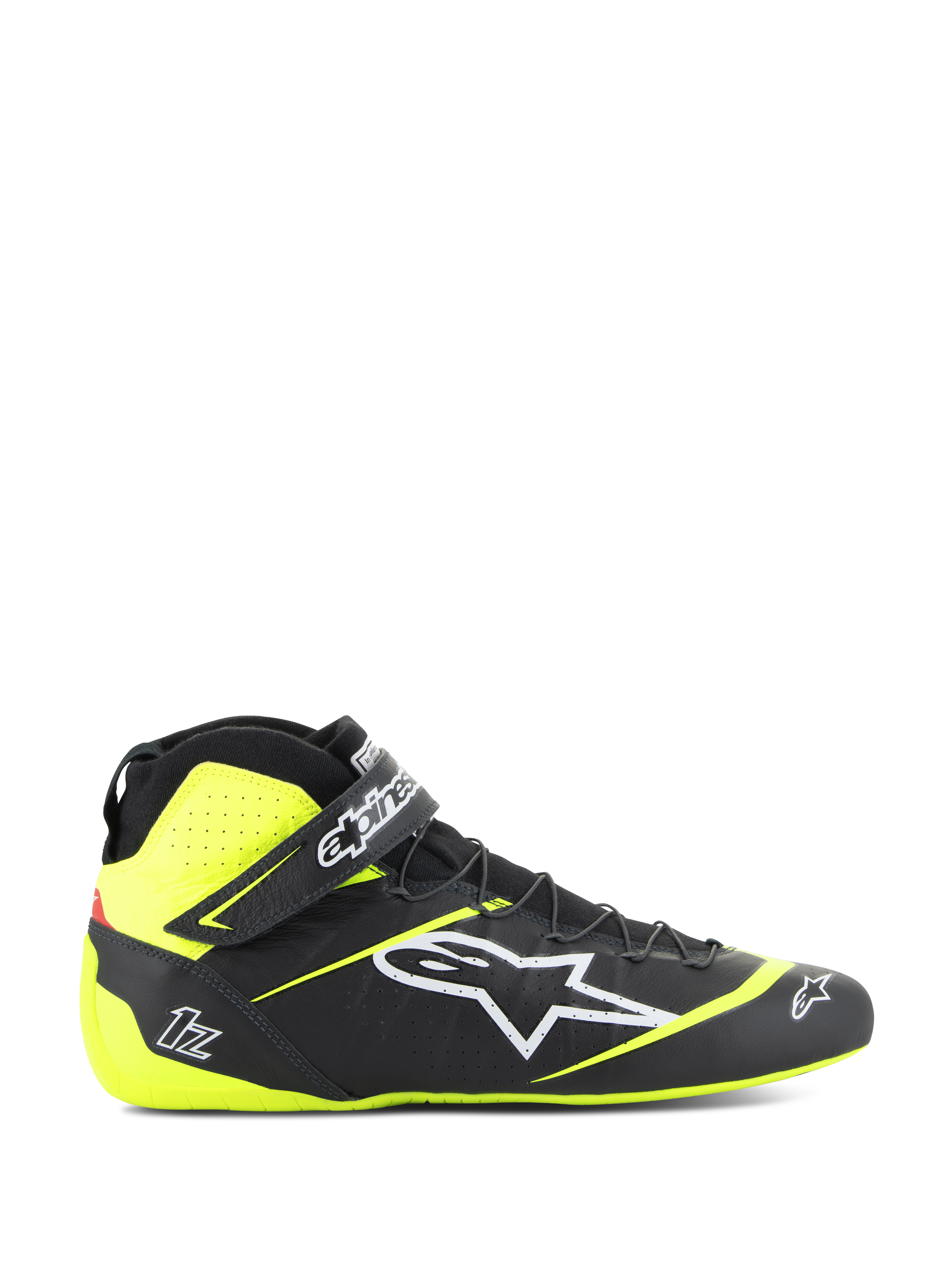 Alpinestars Tech-1 Z V3-skor FIA, racingskor för motorsport, svarta och neongula, sidoprofil av högskaftade motorsportskor, vit stjärnlogotyp, perforerad design för andningsförmåga, justerbar vristrem, tunn gummisula.