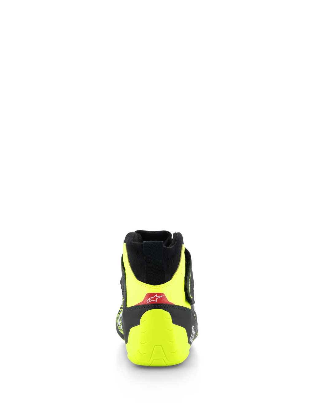 Alpinestars Tech-1 Z V3-skor FIA, racingskor, svarta och fluorescerande gula, vy bakifrån som visar fluorescerande gul hälkappa och röd accent med vit logotyp, professionella motorsportskor