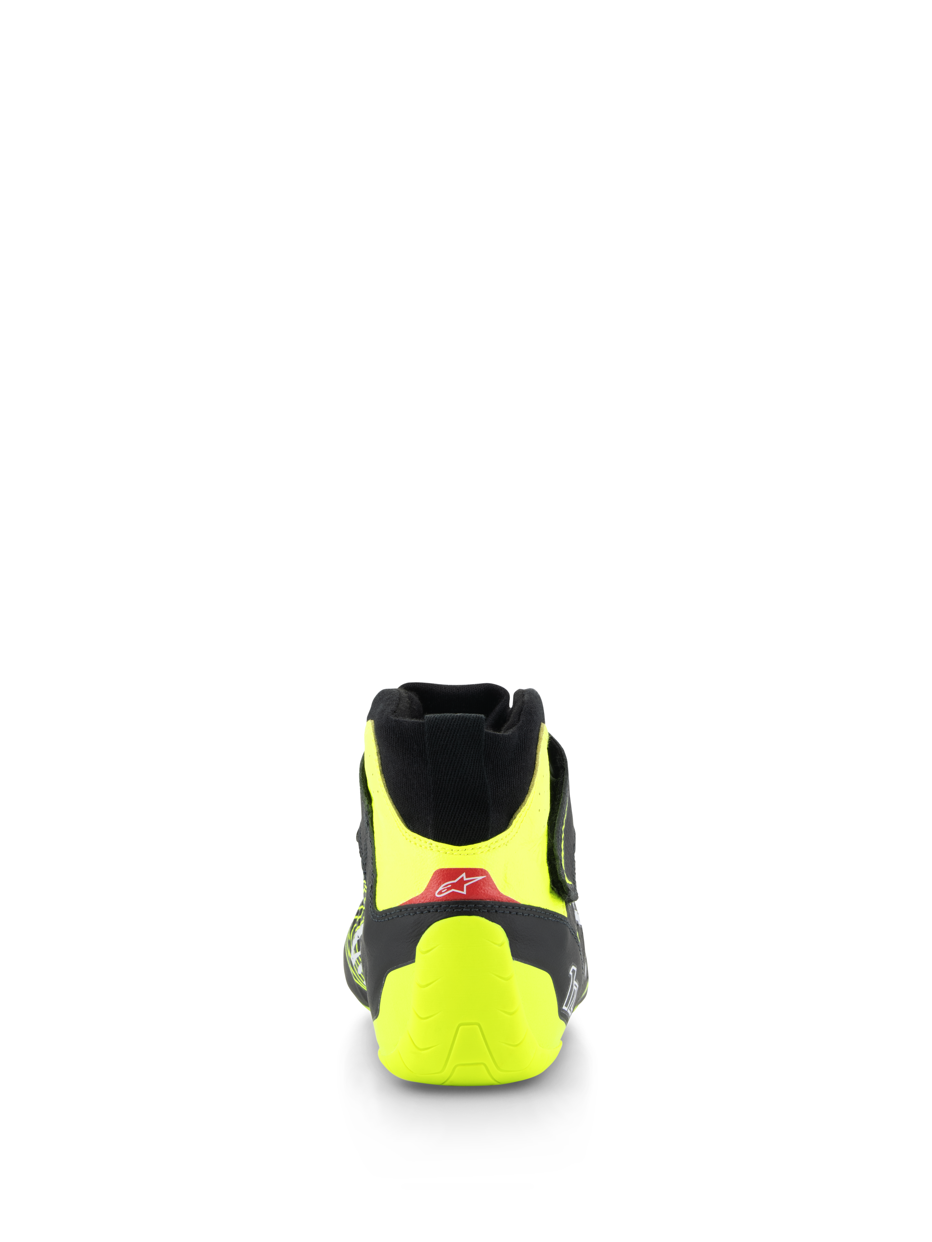 Alpinestars Tech-1 Z V3-skor FIA, racingskor, svarta och fluorescerande gula, vy bakifrån som visar fluorescerande gul hälkappa och röd accent med vit logotyp, professionella motorsportskor