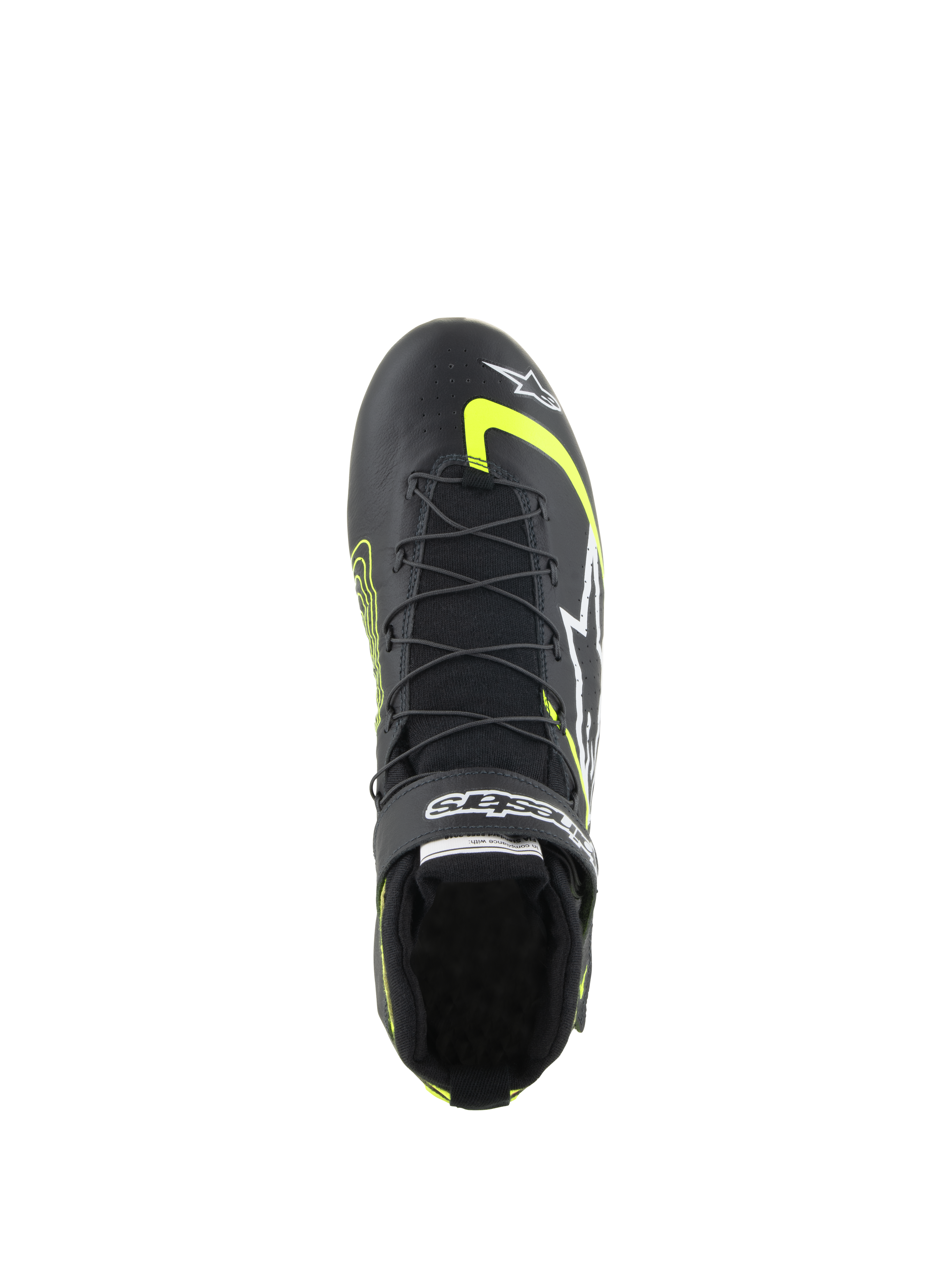 Alpinestars Tech-1 Z V3-skor FIA, bilsportskor, svart och gul fluo, vy uppifrån som visar dubbelt snabbsnörningssystem, kardborreband med logotyp och premiumläderkonstruktion för professionell motorsport.