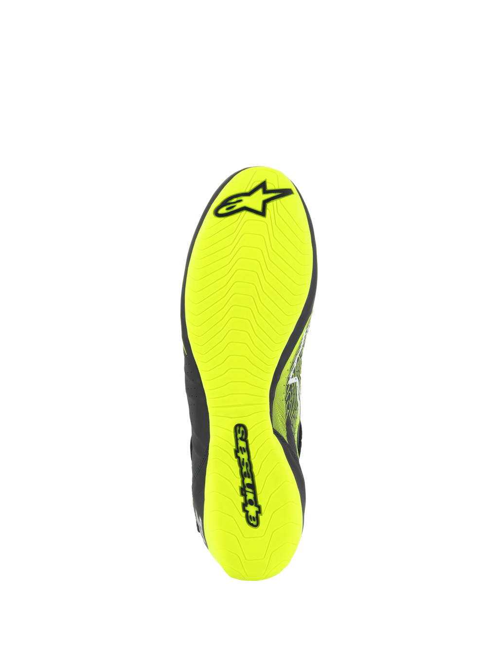 Alpinestars Tech-1 Z V3-skor FIA, bilsportskor, vy av yttersulan i gul fluo, med asymmetriskt mönster och svart Alpinestars-logotyp, tunn gummisula för maximal pedalkänsla och grepp