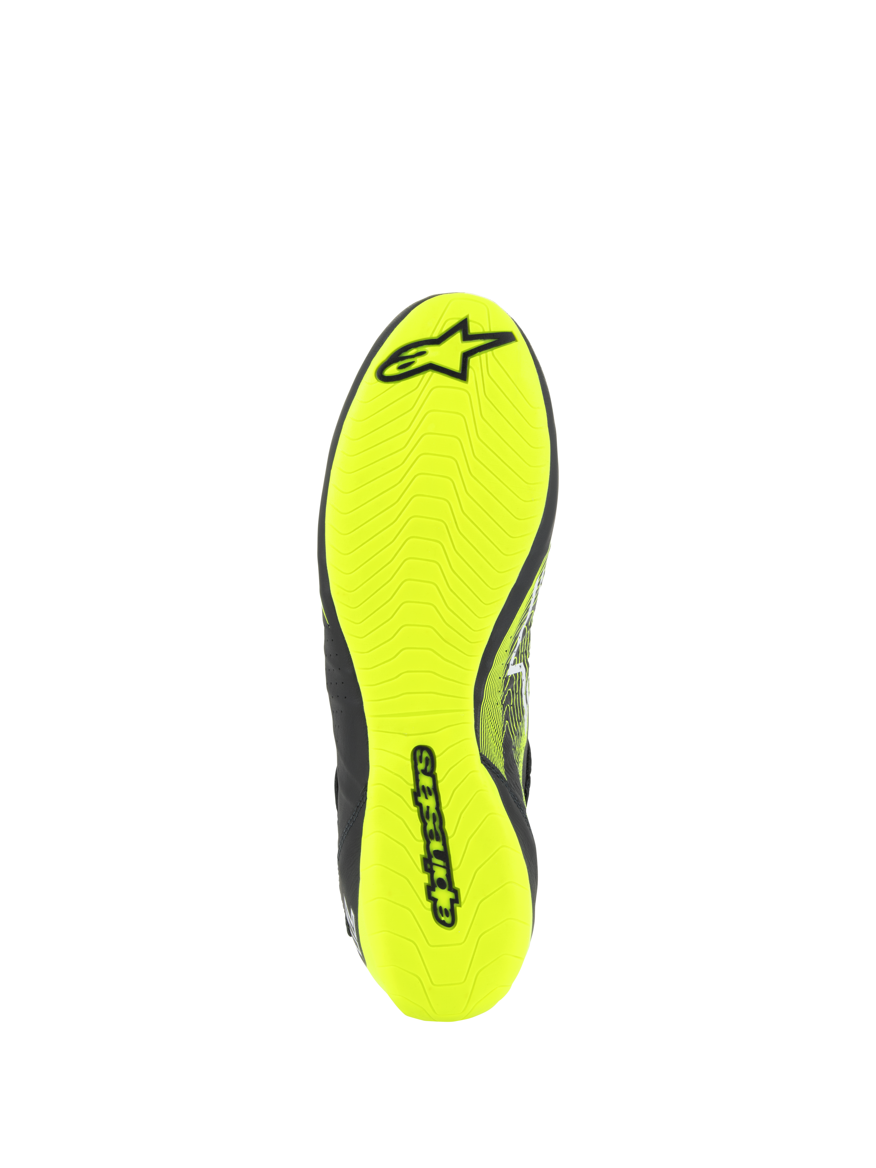 Alpinestars Tech-1 Z V3-skor FIA, bilsportskor, vy av yttersulan i gul fluo, med asymmetriskt mönster och svart Alpinestars-logotyp, tunn gummisula för maximal pedalkänsla och grepp