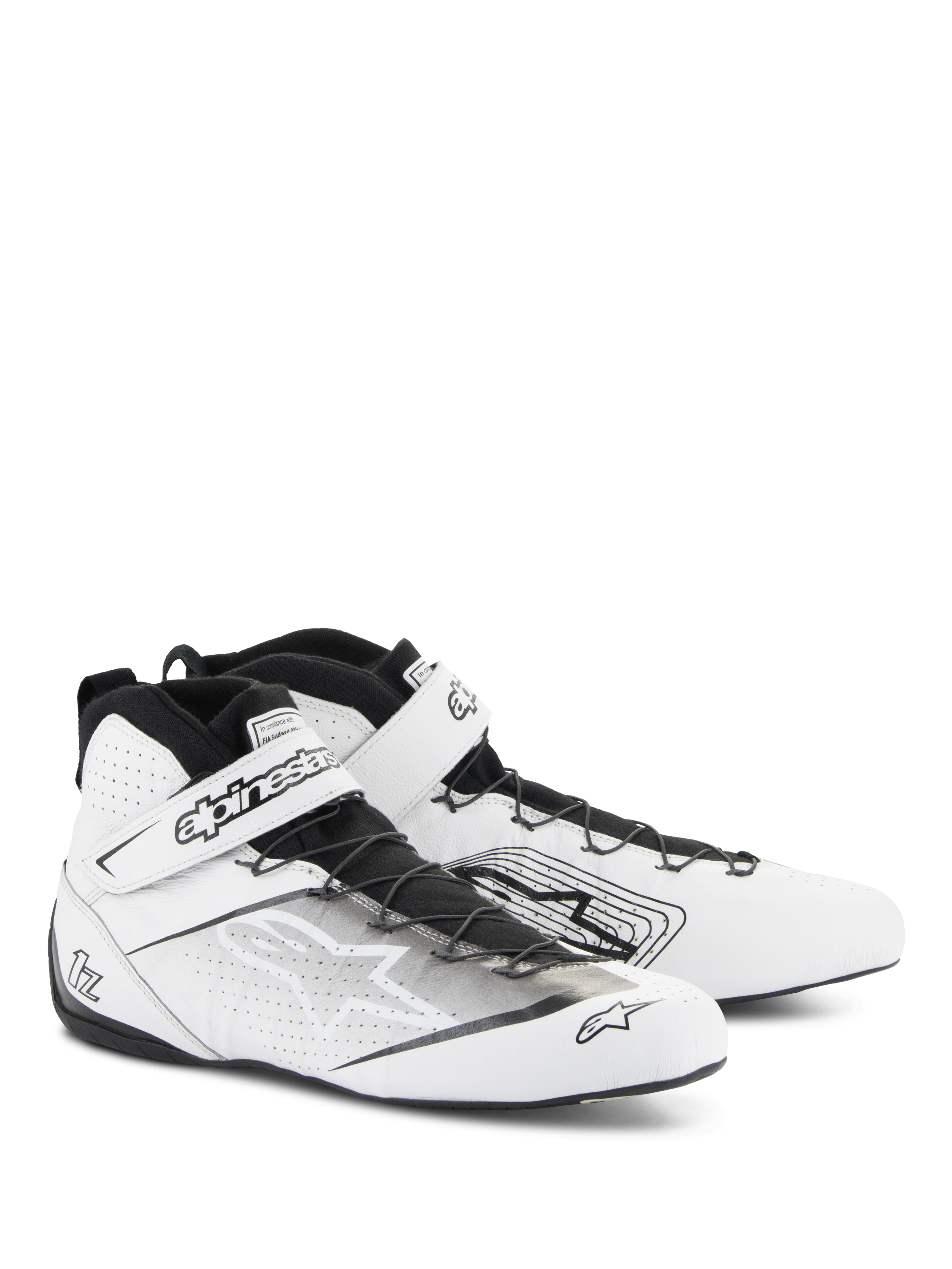 Alpinestars Tech-1 Z V3 Shoes FIA, Auto Racing Shoes, White and Black, featuring premium bovine leather with perforated panels, speed lacing system with a secure Velcro strap, sleek professional motorsport design