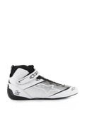 Alpinestars Tech-1 Z V3 Shoes FIA, Auto Racing Shoes, White and Black, high-top design with perforated leather upper, strap closure featuring Alpinestars branding, thin rubber sole for pedal sensitivity, sleek motorsport profile