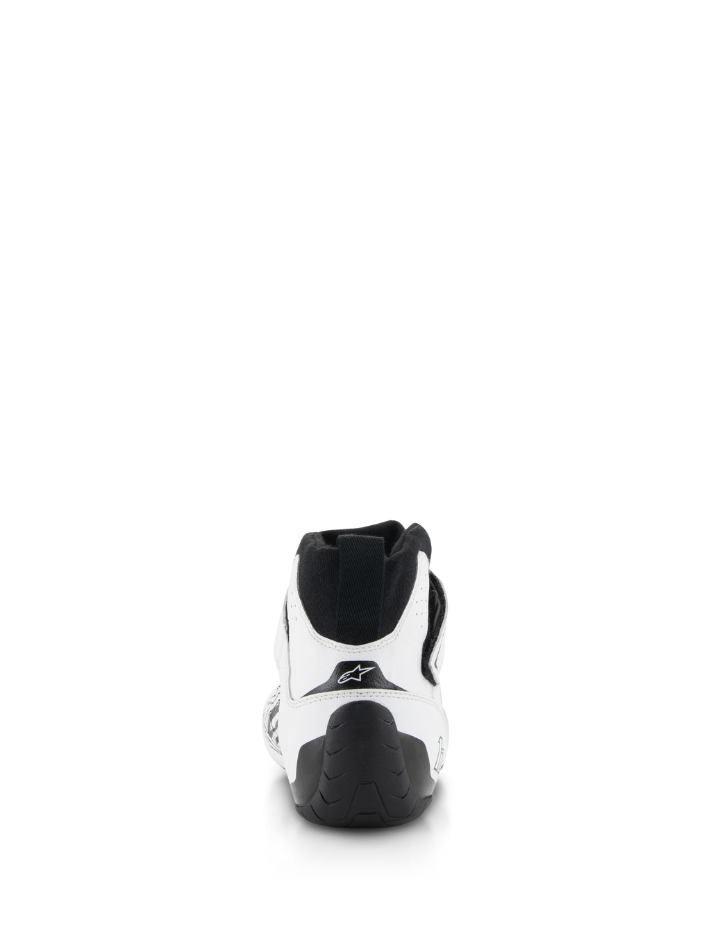 Alpinestars Tech-1 Z V3 Shoes FIA, Auto Racing Shoes, White and Black, rear view featuring a black heel pull tab, textured rubber sole, and white bovine leather upper with Alpinestars star logo